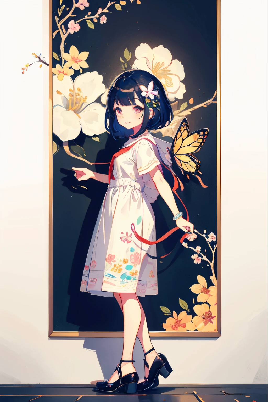 there is a wall in the background、beautiful pictures are painted on the wall, A cute girl is walking in front of the wall、Smile, Walking ,Cute shoes、 highly detailed eyelid painting、Splash、Floral hair ornament、butterfly hair ornament、Taken from the side