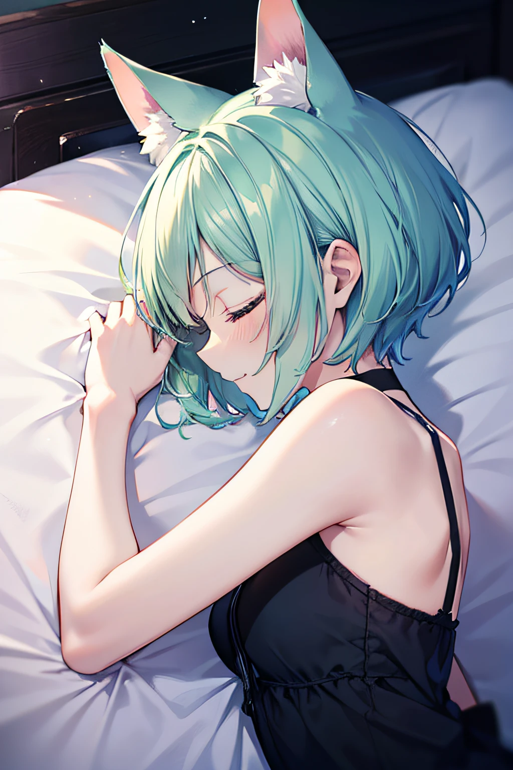 ((masutepiece)), ((Best Quality)), in 8K, detaileds, Ultra-detailed, Detailed and Intricicated, 1girl in,  Cat's ears, light blue and green hair, bob cuts, profile, Cheerful smile, undergarment,  Shoulder, Are sleeping, on the beds, darkness