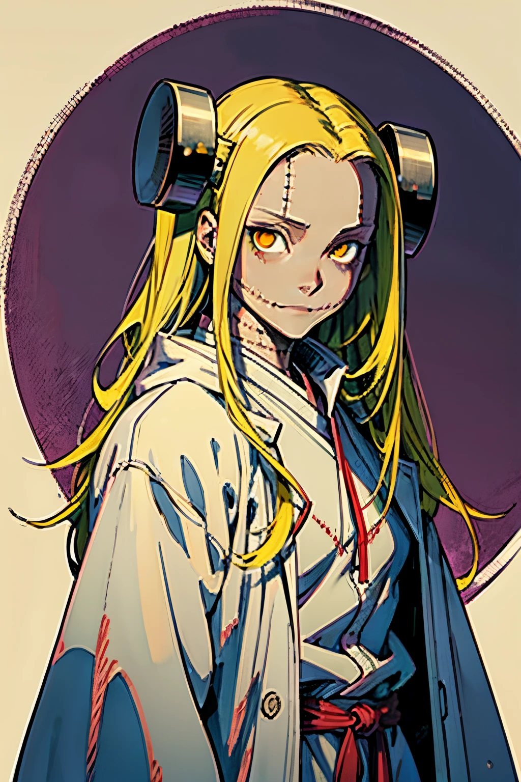 Madaraki_Fran,A  girl , stands , surgeon&#39;s robe , background simple , clear face , Clean hands , hairlong , yellow hair,seams , Scars on the body , A creepy look , scary eyes , An intimidating look , creepy smile , bags under eyes