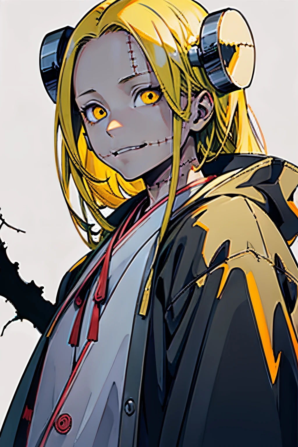 Madaraki_Fran,A girl , stands , surgeon's robe , background simple , clear face , Clean hands , hairlong , yellow hair,seams , Scars on the body , A creepy look , scary eyes , An intimidating look , creepy smile , bags under eyes