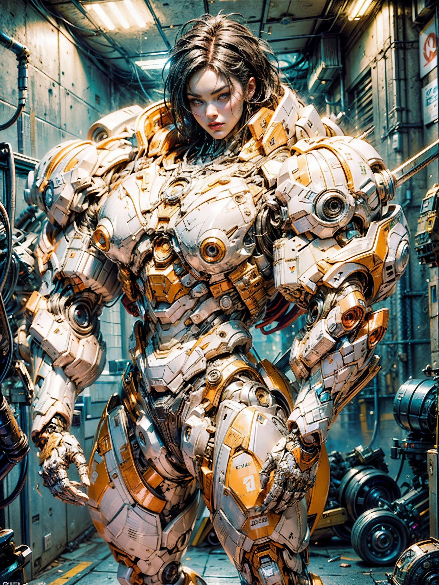 megan fox), (naked:1.25), Cinematic, hyper-detailed, black muscles with neon veins, perfect muscular anatomy of a bald super muscular sexy female android girl. Beautiful color grading, enhancing the overall cinematic feel. Unreal Engine renders her anatomic cybernetic muscle suit to life; mesmerizing. With depth of field (DOF), every detail is focused and accentuated, drawing attention to her eyes and the intricate design of the anatomic cybernetic muscle suit . Max image resolution, using super-resolution technology to ensure pixel perfection. Cinematic lighting enhances her aura, while anti-aliasing techniques like FXAA and TXAA keep the edges smooth and clean. Realistic raytracing with RTX technology for perfect rendering of the anatomic cybernetic muscle suit. Additionally, SSAO (Screen Space Ambient Occlusion) gives depth and realism to the scene, the girl's anatomic cybernetic muscle suit become even more realistic. In the post-processing and post-production stages, tone mapping enhancement creates a captivating visual experience. The integration of CGI (Computer-Generated Imagery) and VFX (Visual Effect brings out the anatomic cybernetic muscle suit's intricate features seamlessly. Incredible detail with, with intricate hyper maximalist and hyper-realistic elements meticulously crafted into the artwork. Volumetric effects add depth and dimension, with unparalleled photorealism. 8K image resolution render, ensuring super-detailed visuals. The volumetric lightning adds a touch of magic, highlighting her beauty and the aura of her anatomic cybernetic muscle suit in an otherworldly way. High Dynamic Range (HDR) technology makes the colors pop, adding richness to the overall composition. Ultimately, this artwork presents an unreal portrayal of a super muscled cybernetic female android