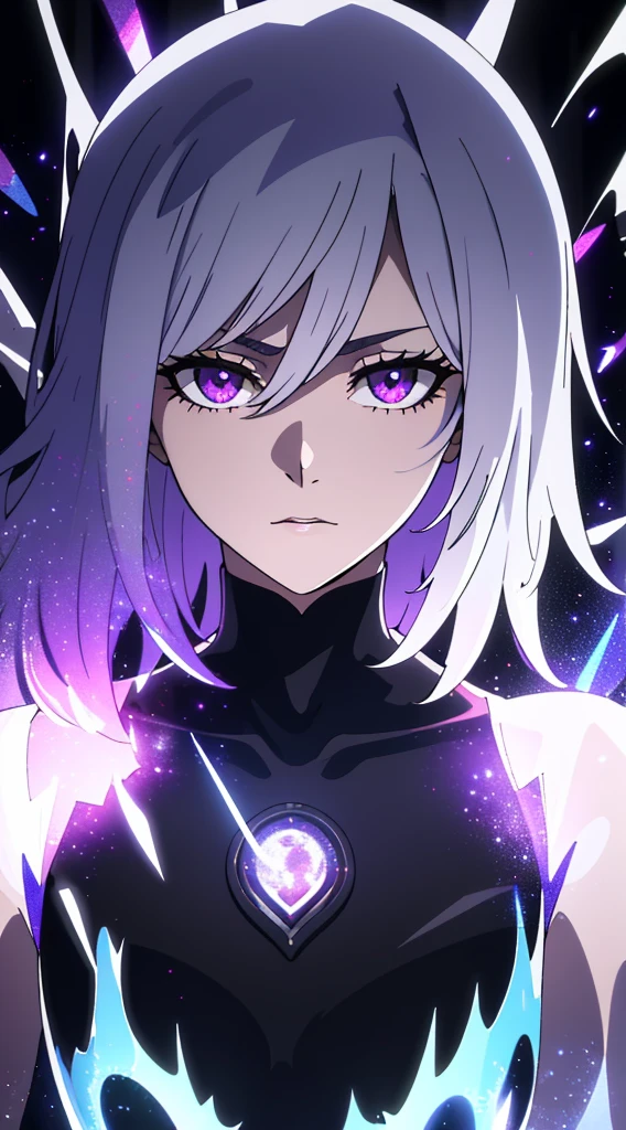 (masterpiece, best quality, ultra-detailed, best shadow), (detailed background,dark fantasy), (beautiful detailed face), high contrast, (best illumination, an extremely delicate and beautiful), ((cinematic light)), colorful, hyper detail, dramatic light, intricate details, (1girl, solo,white hair, sharp face,purple eyes, hair between eyes,dynamic angle), blood splatter, swirling black light around the character, depth of field,black light particles,(broken glass),magic circle, big breast