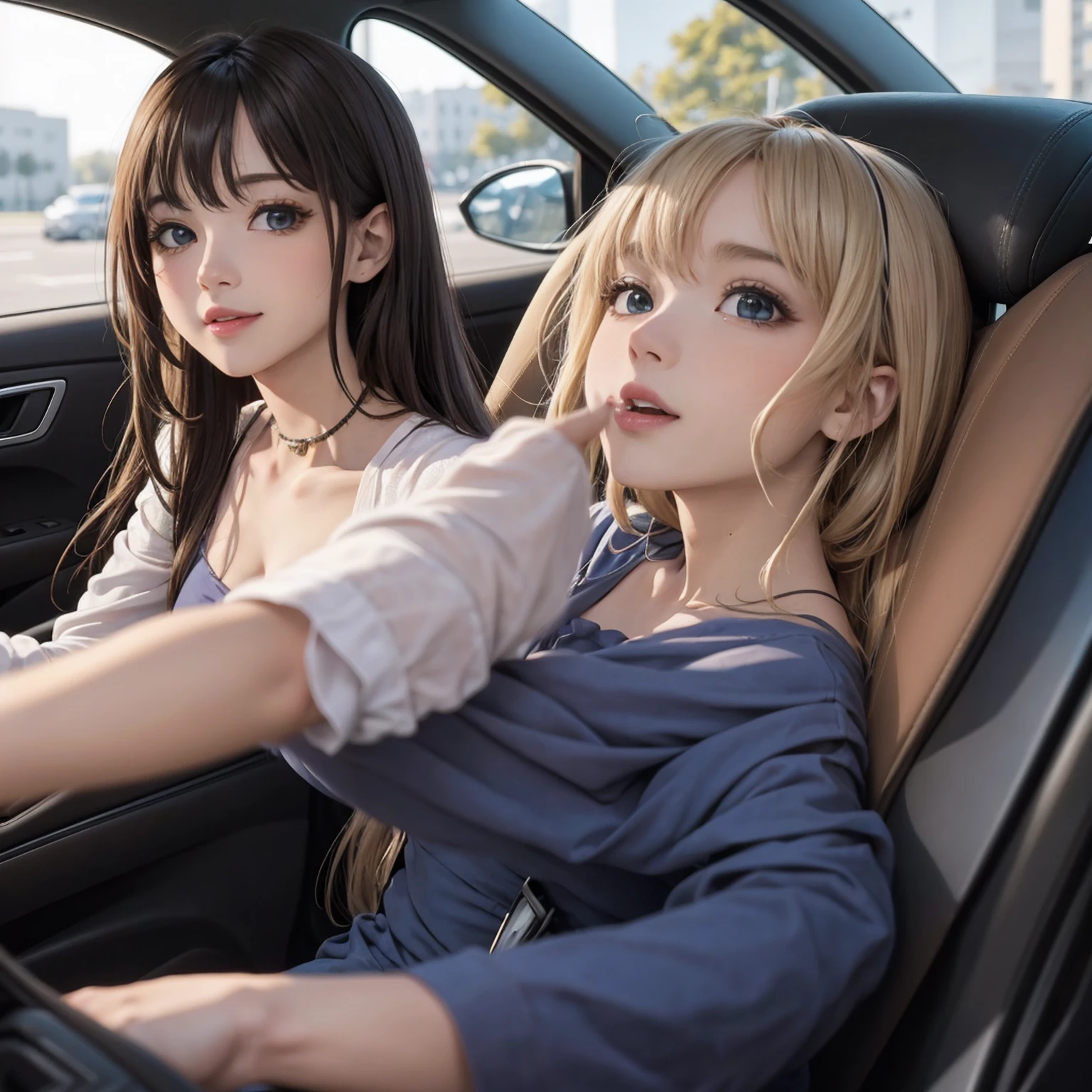 (Fotos de Anime、qualidade superior)、obra prima、extremamente delicado e bonito、Um altamente detalhado、NFFSW、unidade、Papel de parede 2k、surpreendente、detalhe fino、Altamente detalhado ticker unidade 8K wallpaper、ultra-detalhada、alta resolução、absurdos、1girl em、Sente-se no banco do motorista do carro、angle from side、View car navigation 、Comprimento total、(Car navigation screen)、luz suave、uma menina detalhada bonita、dedo detalhado、belo perfil、nariz bonito e detalhado、belos olhos detalhados、long eyeslashes、pequeno bonito、20 anos de idade、(Esbian de corpo inteiro:1.3)、rosto realista、(um sorriso、fecha a boca)、Duas pernas com belos detalhes