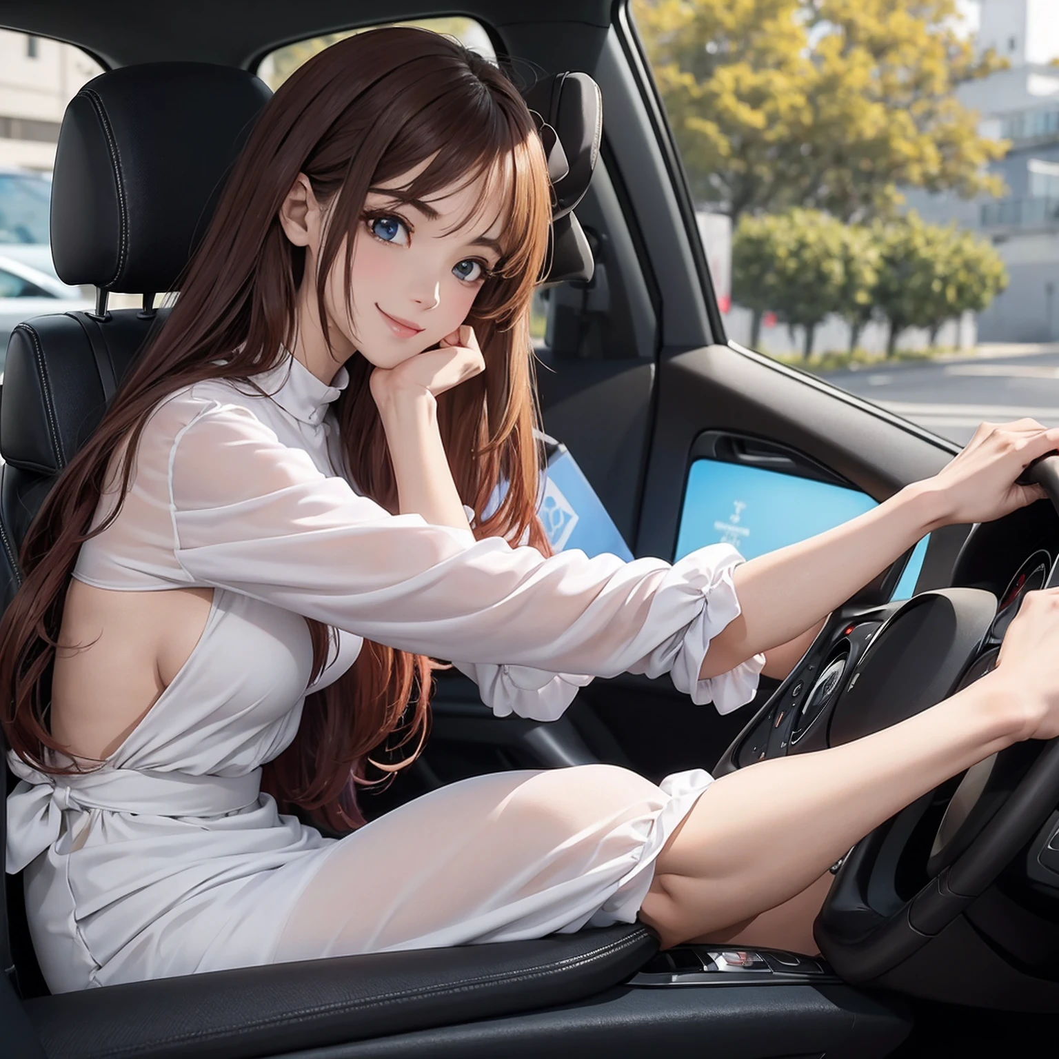 (Fotos de Anime、qualidade superior)、obra prima、extremamente delicado e bonito、Um altamente detalhado、NFFSW、unidade、Papel de parede 2k、surpreendente、detalhe fino、Altamente detalhado ticker unidade 8K wallpaper、ultra-detalhada、alta resolução、absurdos、1girl em、Sente-se no banco do motorista do carro、angle from side、View car navigation 、Comprimento total、(Car navigation screen)、luz suave、uma detalhada bonita、dedo detalhado、belo perfil、nariz bonito e detalhado、belos olhos detalhados、long eyeslashes、pequeno bonito、20 anos de idade、(Esbian de corpo inteiro:1.3)、rosto realista、(um sorriso、fecha a boca)、Duas pernas com belos detalhes