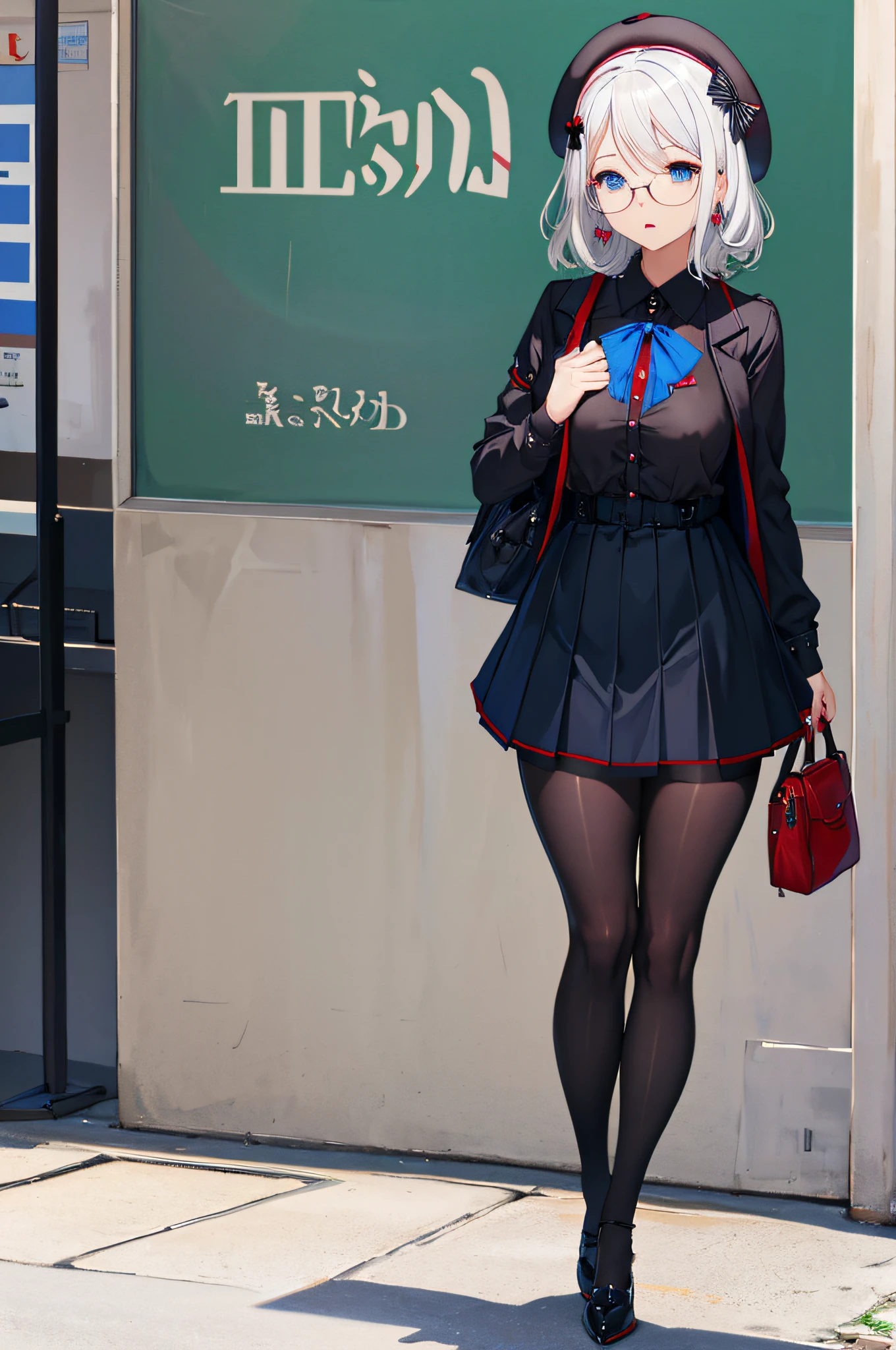 masutepiece,Best Quality,A MILF.((Forehead)),((White hair)),((short wavy hair)),((stylish glasses for blue eyes,(Very small breasts),very slender figure,slightly plump thighs,1lady,Solo、beret, Bow, Skirt, ((Black shirt)), Jacket, pantyhose、Full body