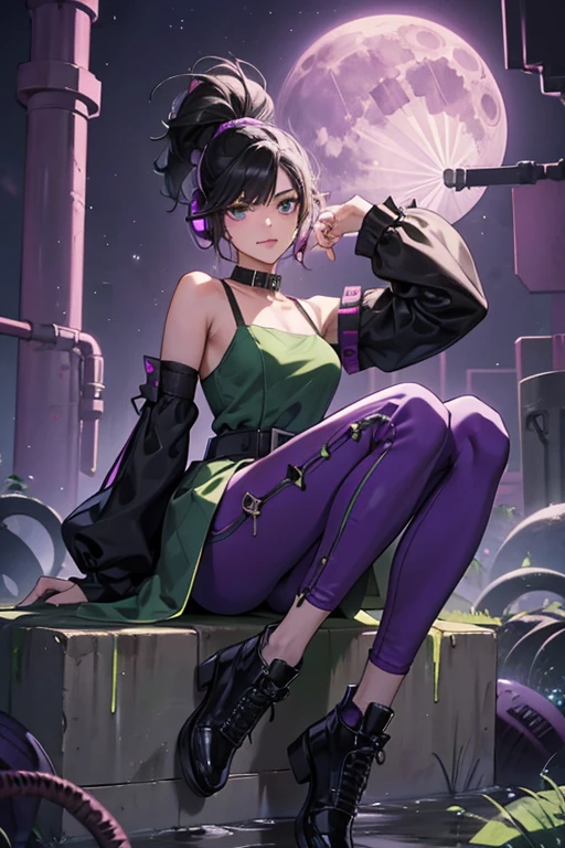 Simone has tan skin and spiky black hair. She wears a sewage green dress with black sleeves, a black collar, purple cuffs, and a purple upside-down Wi-Fi symbol hanging from her collar. She also wears purple pants, a black belt with a purple moon buckle, purple headphones with sewage green earpieces, and black shoes with purple laces, black soles, and sewage green streaks at the bottom.