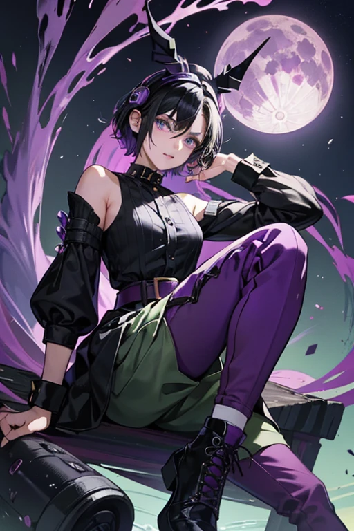 Simone has tan skin and spiky black hair. She wears a sewage green dress with black sleeves, a black collar, purple cuffs, and a purple upside-down Wi-Fi symbol hanging from her collar. She also wears purple pants, a black belt with a purple moon buckle, purple headphones with sewage green earpieces, and black shoes with purple laces, black soles, and sewage green streaks at the bottom.