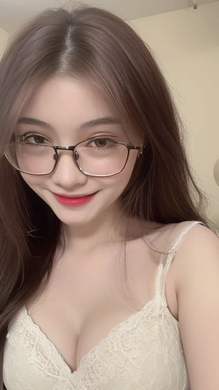 ((realistic, pale white skin:1.3,high resolution:1.3)), 1 girl with perfect figure, thin round glasses, smile, super fine face and eyes, long hair, white lace veil: 1.2 , in bedroom, sit on the bed, gigantic breasts, exposed cleavage