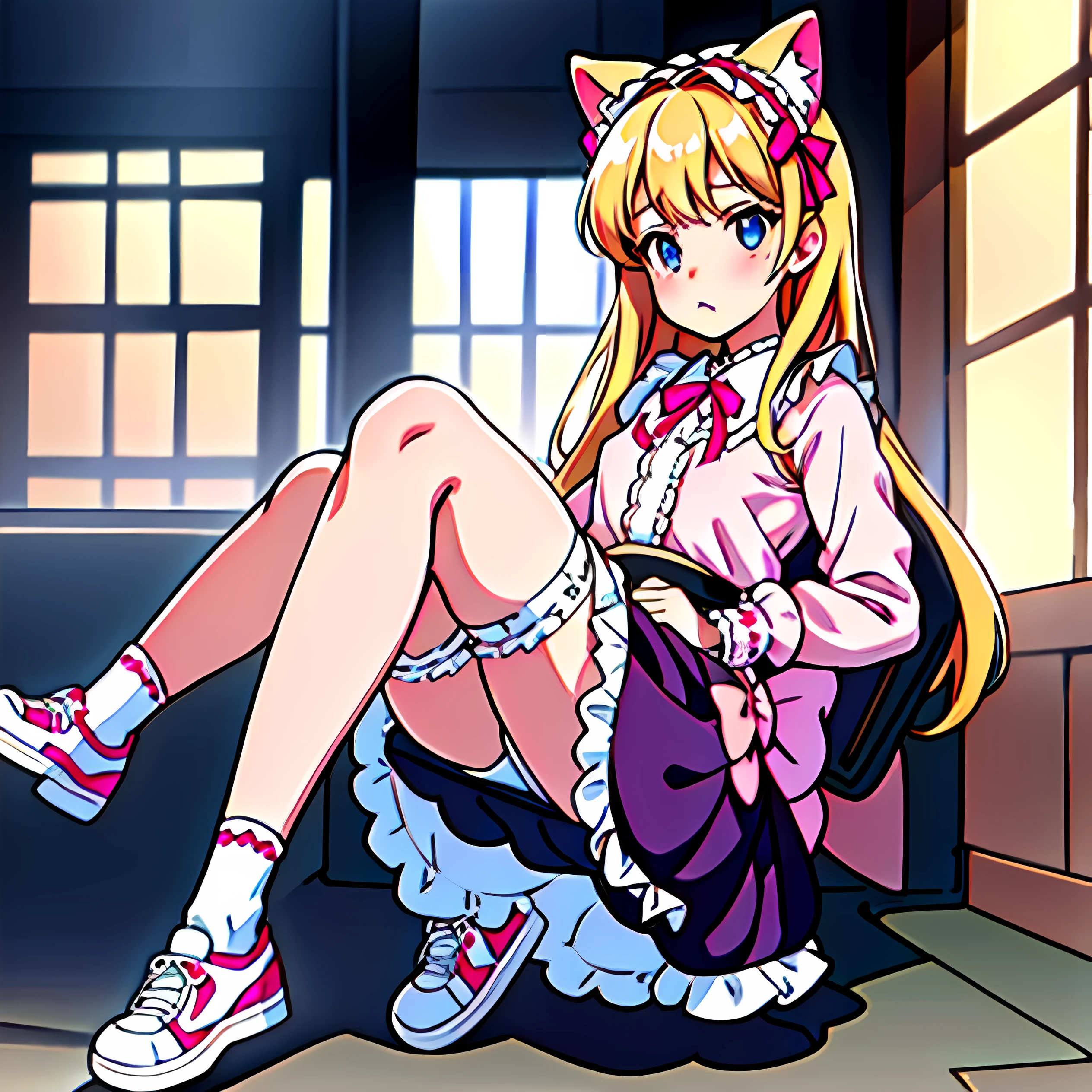 Superb detail, 8k photos, hyper-realism, professional light, realistic background, visual depth, background bokeh, wide angle lens, full body, (, cute, loli, flat c, cat ears), 1girl, colored eyes, blonde hair, (Lolita fashion: , (lace, frilled shirt, white petticoat, sneakers), (plush toy), pink cute backpack, street, fashion
