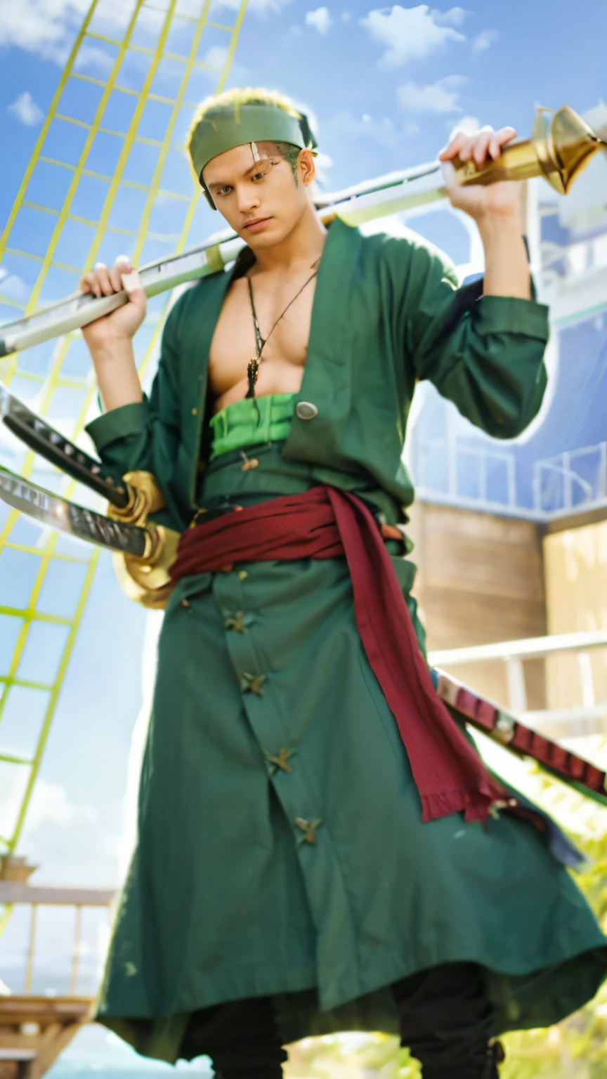 MAN, SOLO, RORONOA ZORO FROM FROM onepiece, a man with a sword and a green outfit, green hair, green hair, his left eye is closed and there is a scar, the character is standing in sunny go, both hands holding Wadō Ichimonji's white katana on his shoulders, wearing a green kimono, two katanas on his right waist, wearing a maroon shawl, bandana tied on his left arm,