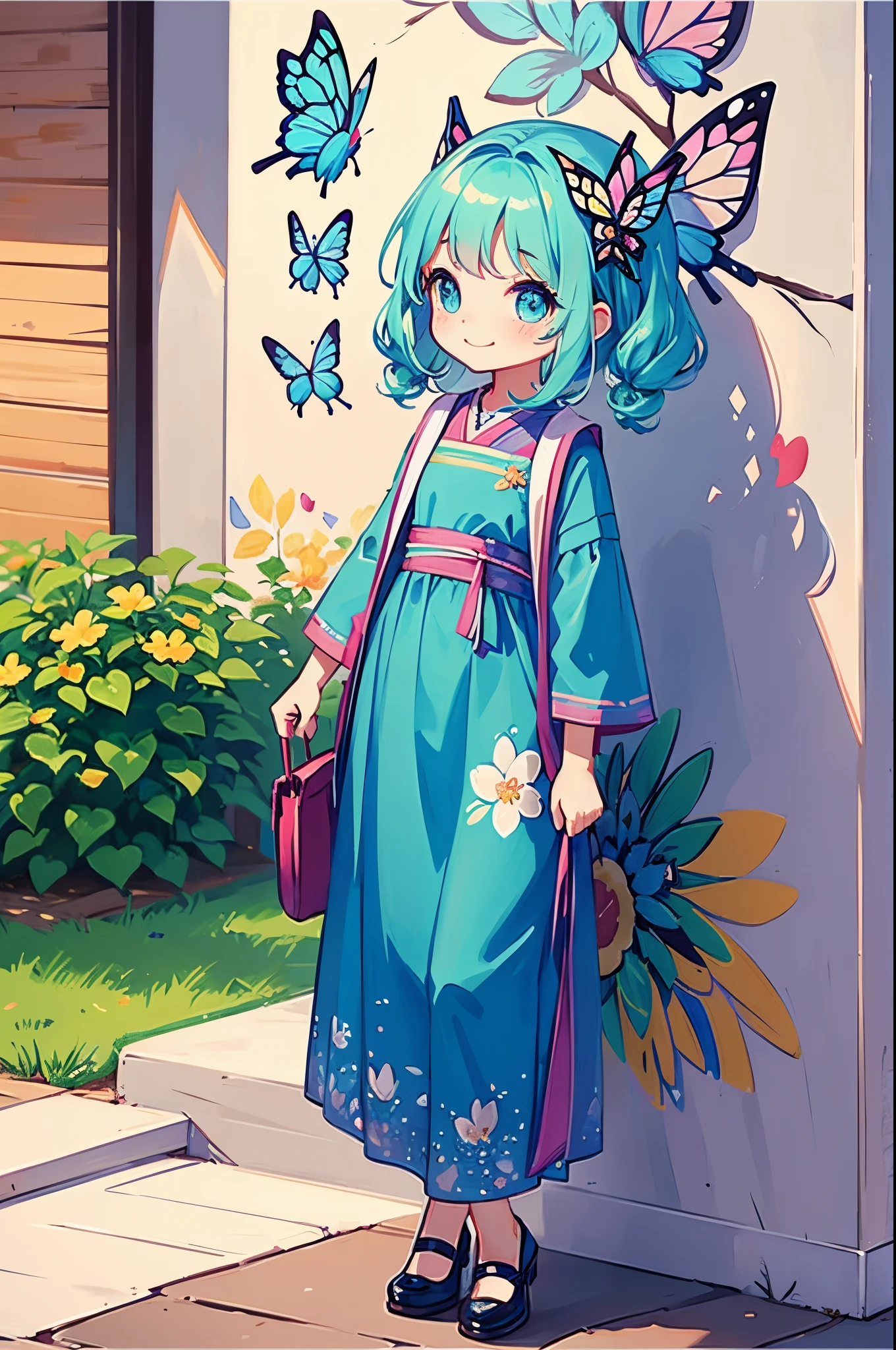 there is a wall in the background、beautiful pictures are painted on the wall, Mini cute girl is walking in front of the wall、Smile, Walking ,Cute shoes、 highly detailed eyelid painting、Splash、Floral hair ornament、butterfly hair ornament、Taken from the side