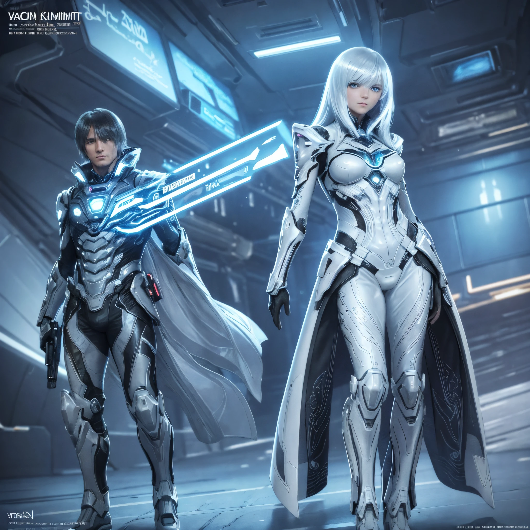 A man and a woman against the background of the city of the future, a dark-haired male wizard stands facing us behind a woman with a fireball, looms over his arm, beautiful real blonde holds and points a future pistol at the viewer, disheveled shoulder-length hair, white PVC jumpsuit, Happy, full - body, Beautiful anime waifu style girl, hyper detailed painting, luminism, Concept art by Carne Griffiths and Vadim Kashin, 4k resolution, fractal isometrics details bioluminescence , 3D Rendering, Octane Render, intricately-detailed , Cinematic, Trending artsstatina Isometric centered hyperrealistic cover stunning full color, gritty, Realistic flight , Intricate, hit definition , Cinematic,