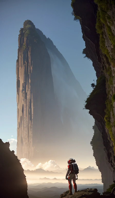 (35mmstyle:1.2), Highly detailed RAW color Photo, Rear Angle, Full Body, of (female space marine, wearing white and red space suit, futuristic helmet, tined face shield, rebreather, accentuated booty), outdoors, (standing on Precipice of tall rocky mountain, looking out at magical lush green rain forest on alien planet), vivid detail, (exotic alien planet), toned body, big butt, (sci-fi), (mountains:1.1), (lush green vegetation), (two moons in sky:0.8), (highly detailed, hyperdetailed, intricaens flare:0.7), (bloom:0.7), particle effects, raytracing, cinematic lighting, shallow depth of field, photographed on a Sony a9 II, 35mm wide angle lens, sharp focus, cinematic film still from Gravity 2013, viewed from behind, dynamic angle