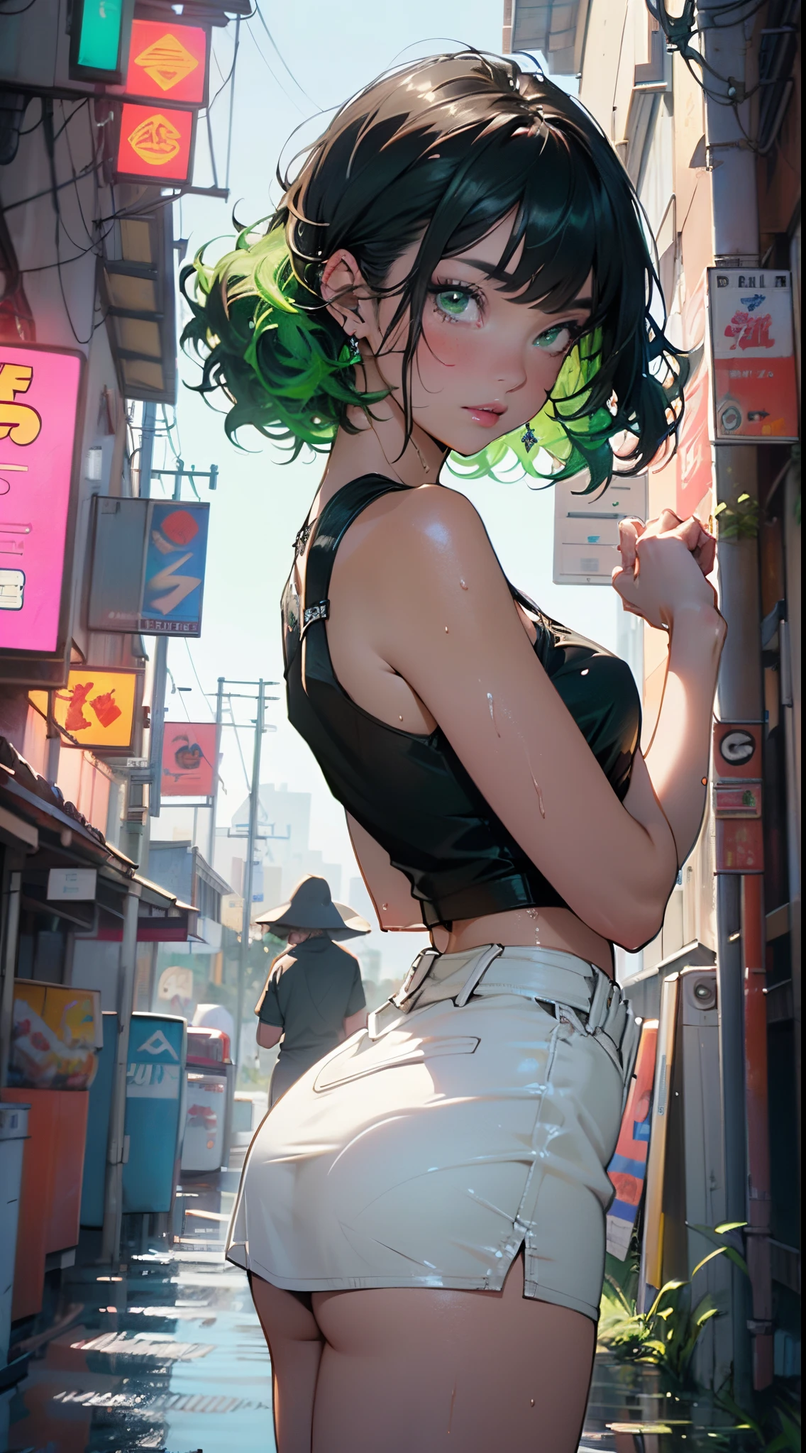 girl youtuber,(((1girl))),((extremely cute and beautiful green curly-haired girl)),

(short breasts:1.4),big butt,(((green curly hair:1.35,very curly hair,colored inner hair,ear breathing,short hair))),(((green_eyes:1.3))),intricate eyes,beautiful detailed eyes,symmetrical eyes,big eyes:1.3,((fat)),(((lustrous skin:1.5,bright skin: 1.5,skin tanned,shiny skin,very shiny skin,shiny body,plastic glitter skin,exaggerated shiny skin,illuminated skin,wet legs))),detailed body,(detailed face),

cute,slutty,seductive,erotic,(((nsfw))),

zettai ryouiki,revealing clothing,show skin,((rave mini-skirt,visible thong straps,white loose tank top with an anime art print)),((wet clothes,intricate outfit,intricate clothes)),

(dynamic pose:1.0),embarrassed,(centered,scale to fit dimensions,Rule of thirds),

cyberpunk city by the ocean at night, with bright neon signs and dark stormy clouds and puddles, scenery:1.25,nighttime, starry night, cosmos,Very dark night that makes the neon lights stand out, very bright neon lights,nighttime, starry night, cosmos,

artistic photography,(photography taken by sldr),highres, sharp focus,(ultra detailed, extremely detailed), (photorealistic artwork:1.37),(extremely detailed CG unity 8k wallpaper),((synthwave background theme)),(((vibrant colors))),intricate,(intricate background),(masterpiece),(best quality),perfect rendered face,perfect face details,realistic face,photo realistic,analog style,((intricate detail)),(((realism))),