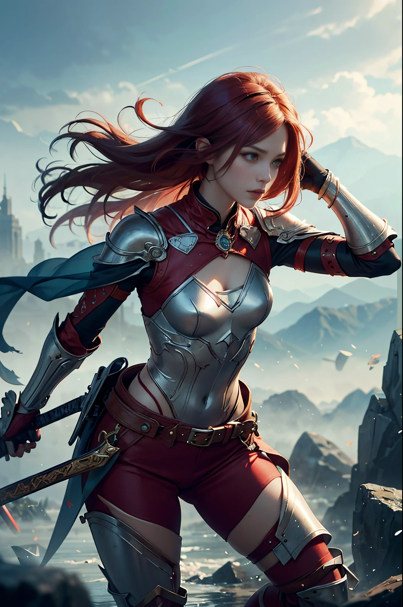 Red-haired arafe woman in red armor holding a sword in the wilderness, very detailed Artgerm, by Yang J, ruan jia and artgerm, artgerm and ruan jia, Style ArtGerm, ig model | ArtGerm, aly fell and artgerm, style of artgerm, by ruan jia and stanley artgerm, Best Quality, Perfect Angle, perfect-composition, Supermodel body type, extremely detailed and beautiful eyes, ciinematic light, Official Art