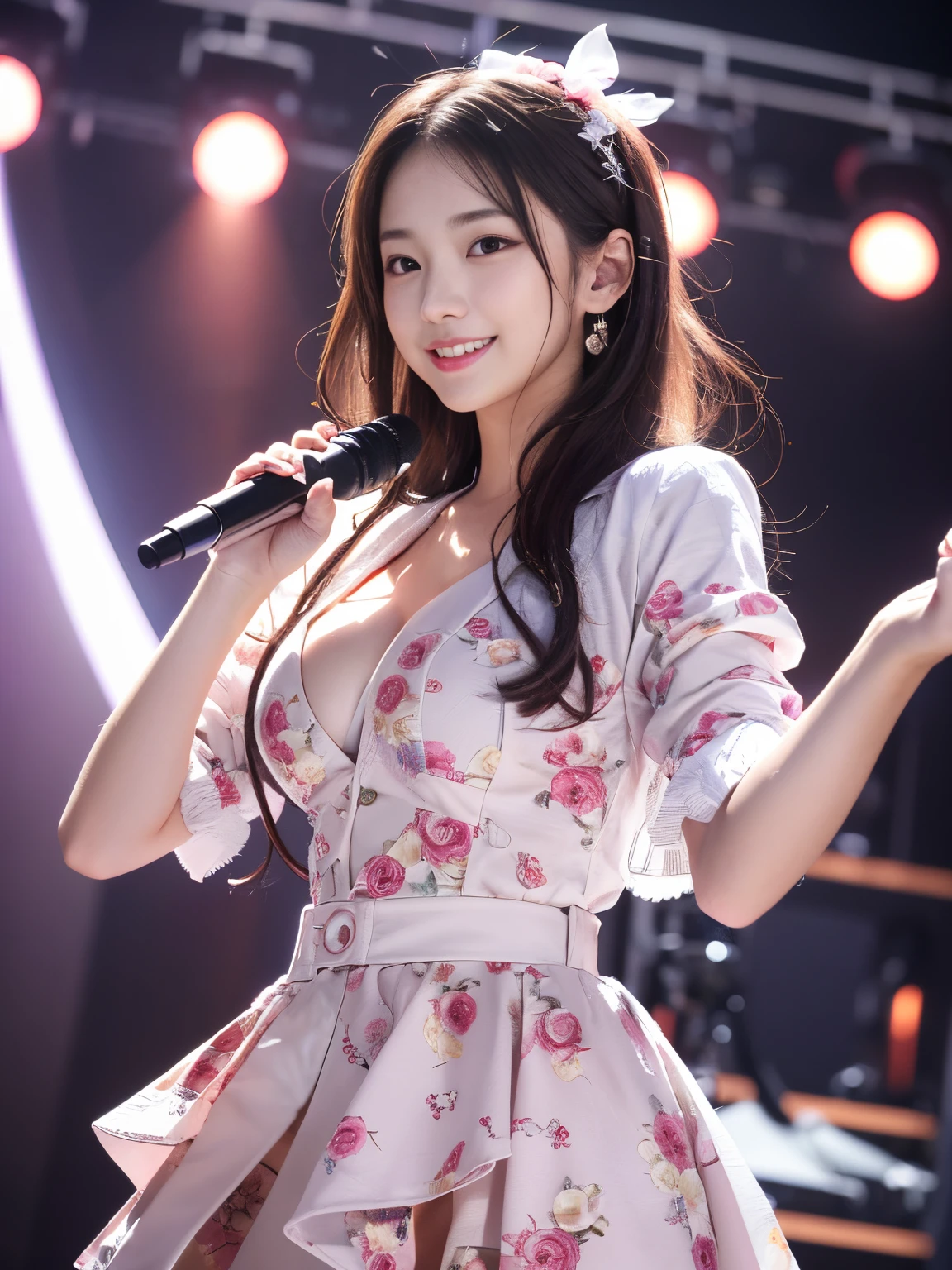 Realistic, Photorealistic, Masterpiece, Best Quality, One Girl, Solo, In the Stage, Stage Lighting, Stage Spotlight, Look At Audience, Smile, idol_singing_costume, (pureerosface_v1:0.8),Korean Idol,Nogizaka Idol,Actress,Gravure Idol