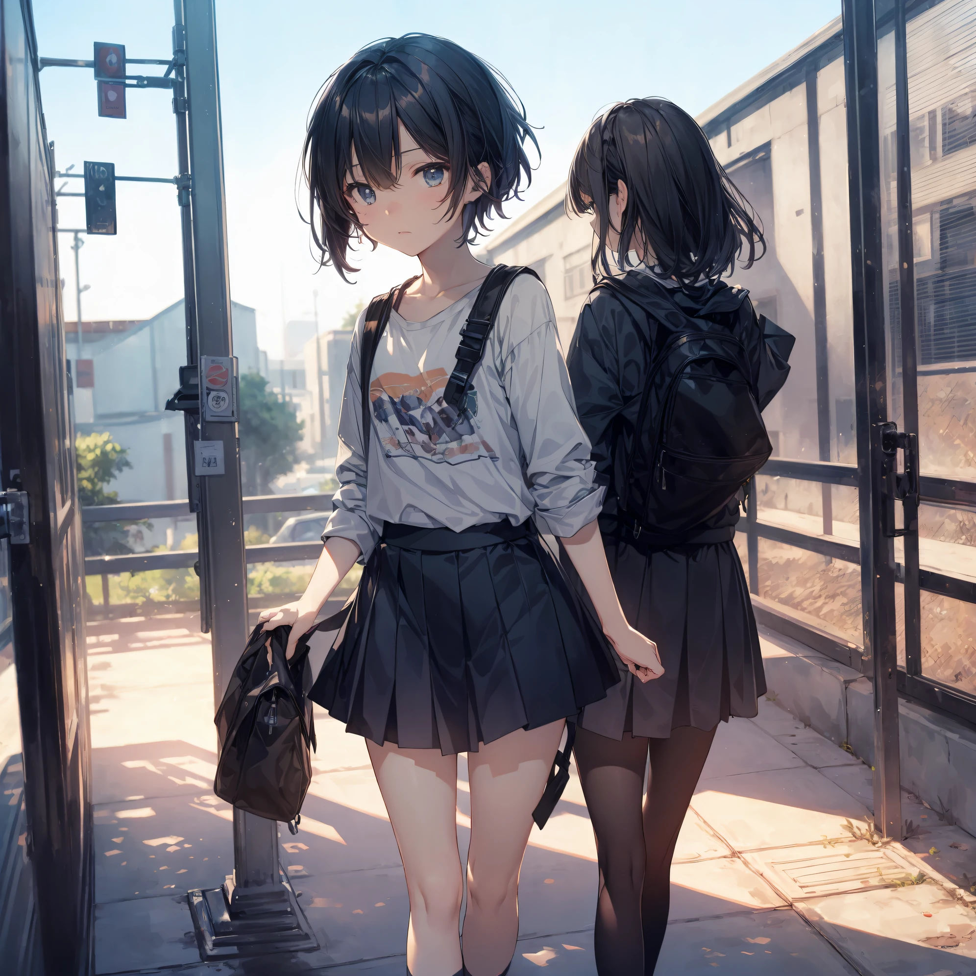 Super high quality by the art god, Ultra-detailed, High resolution, anime moe art style, Best Anime 8K Konachan Wallpapers, Pixiv Contest Winner, Perfect Anatomy, BREAK,(Draw a girl sleepily walking to school. ),BREAK, 1girl in, (Solo,Lori,,13yea:1.3),Full limbs, complete fingers,a junior gynous attraction, (Very short hair), Sleeping hair, hair messy, flat chest, Small butt, groin, Small eyes,Beautiful detailed black eyes, Well-proportioned iris and pupils, disgusted eye, High resolution detailed hair, School uniform, Skirt, On the way to school. BREAK,super detailed skin, Best lighting by famous artists, 8K, Illustration,