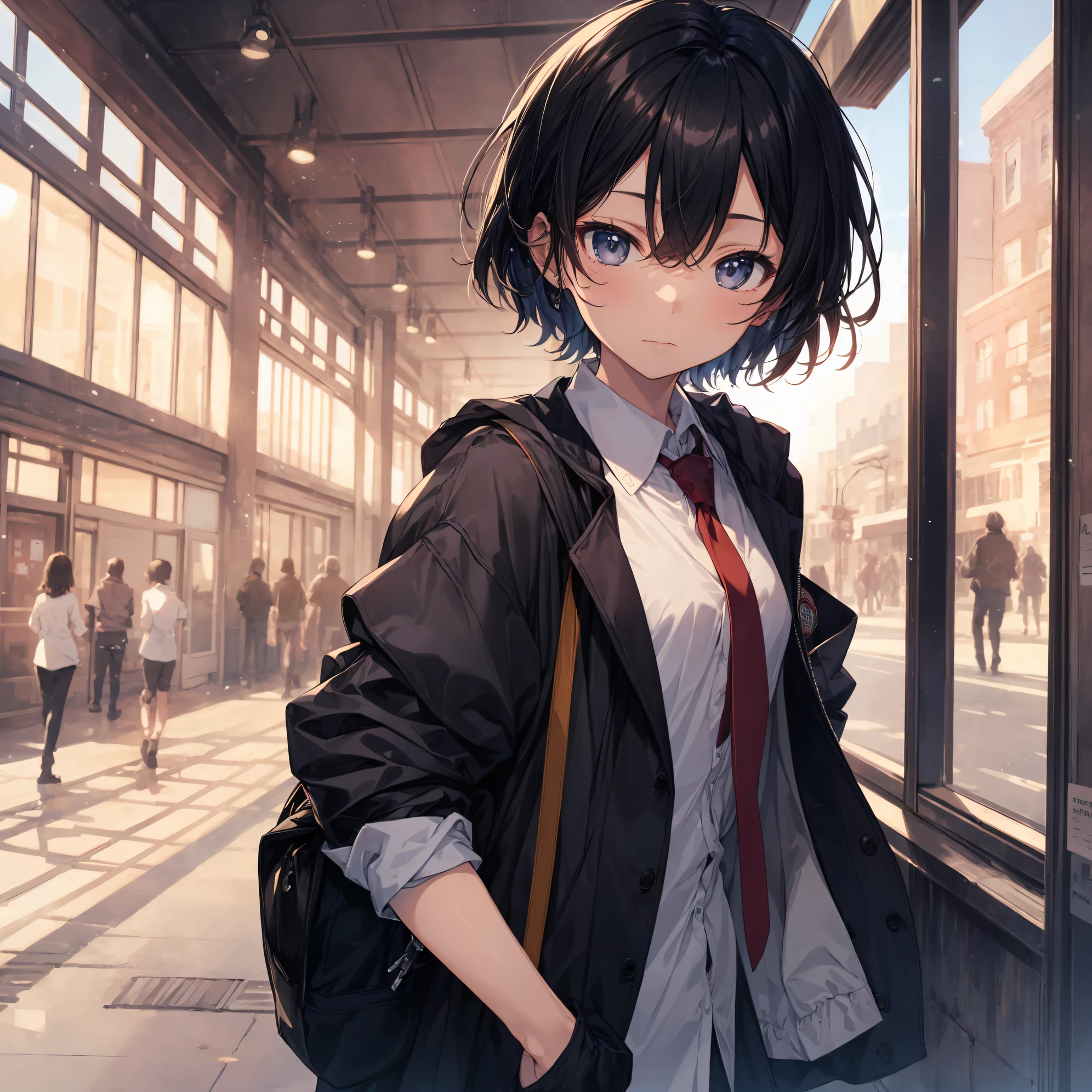 Super high quality by the art god, Ultra-detailed, High resolution, anime moe art style, Best Anime 8K Konachan Wallpapers, Pixiv Contest Winner, Perfect Anatomy, BREAK,(Draw a girl sleepily walking to school. ),BREAK, 1girl in, (Solo,Lori,child,13years:1.3),Full limbs, complete fingers,a junior high school student, Androgynous attraction, (Very short hair), Sleeping hair, hair messy, flat chest, Small butt, groin, Small eyes,Beautiful detailed black eyes, Well-proportioned iris and pupils, disgusted eye, High resolution detailed hair, School uniform, Skirt, On the way to school. BREAK,super detailed skin, Best lighting by famous artists, 8K, Illustration,