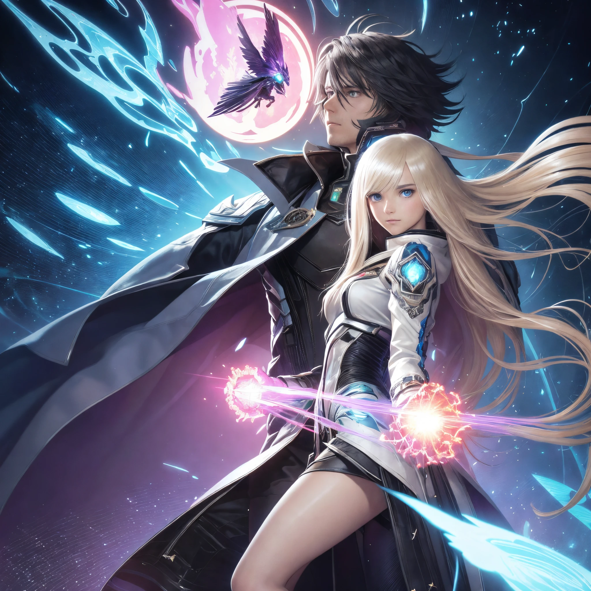 A man and a woman against the background of the city of the future, a dark-haired male wizard stands facing us behind a woman with a fireball, looms over his arm, beautiful real blonde holds and points a future pistol at the viewer, disheveled shoulder-length hair, white PVC jumpsuit, Happy, full - body, Beautiful anime waifu style girl, hyper detailed painting, luminism, Concept art by Carne Griffiths and Vadim Kashin, 4k resolution, fractal isometrics details bioluminescence , 3D Rendering, Octane Render, intricately-detailed , Cinematic, Trending artsstatina Isometric centered hyperrealistic cover stunning full color, gritty, Realistic flight , Intricate, hit definition , Cinematic,