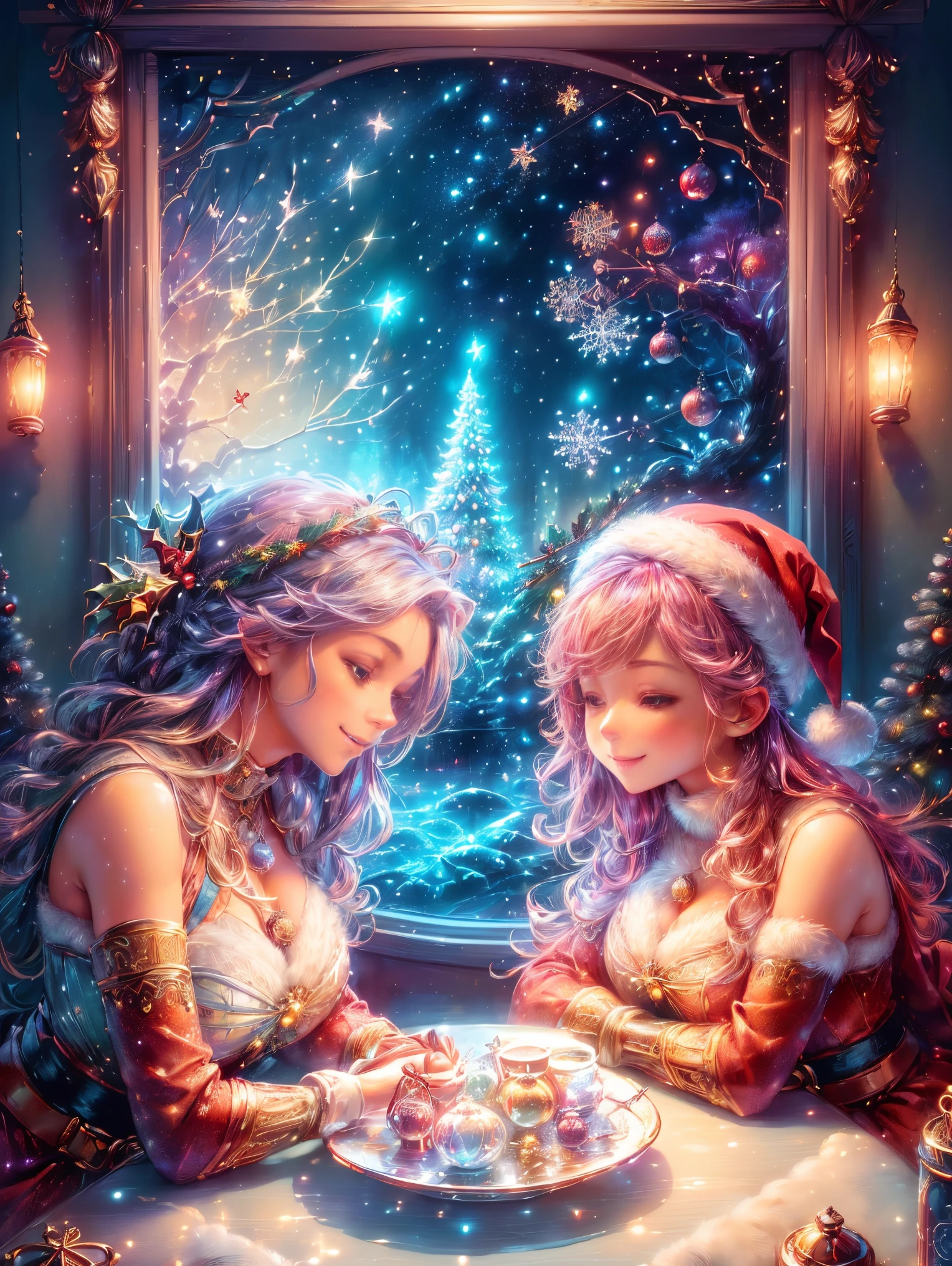 (Best quality, 8K, A high resolution, tmasterpiece:1.2), ultra - detailed, (actual, realistically:1.37), Vibrant colors, Magical atmosphere, Whimsical, ((sky full of stars，The North Star shines))，(((Use an illustration style), The room is decorated with a strong Christmas atmosphere. A string of shining colored lights hangs on the wall, Christmas wreath and little snowman on the windowsill, In the corner of the room stands a beautifully decorated Christmas tree. On a table, There are beautiful cutlery and red plates. In the center of the table, Have a sumptuous Christmas feast, Next to it is a bottle of red wine and two exquisite wine glasses. (((A male and female couple wearing Christmas costumes cuddling together))), Smiling and looking at each other，Eyes full of happiness and warmth. There are several scented candles lit in the room, It exudes a faint fragrance. Warm fire burning in the fireplace, Brings warmth and comfort to the entire room, Surreal, Psychedelic, Complicated details, Beautiful texture, Ethereal, like a dream, Soft glowing light, Charming Patterns, Fantasy creatures, Hidden surprises, dreamlike landscapes, Surreal color palette, Mystic aura, hyper realisitc, Enchanting journey, psychedelic trip, vivid imagination, immersive experience, Mysterious Christmas, otherworldly charm, glowing paths, Light up a magical Christmas, surreal sky, Whimsical themed festivals, a magical encounter, Fascinating artwork，(Ghibli-style colors, first person perspective, hyper HD, tmasterpiece, acurate, Anatomically correct, ctextured skin, super detailing, high detal, high qulity, Award-Awarded, Best quality at best, 8K)