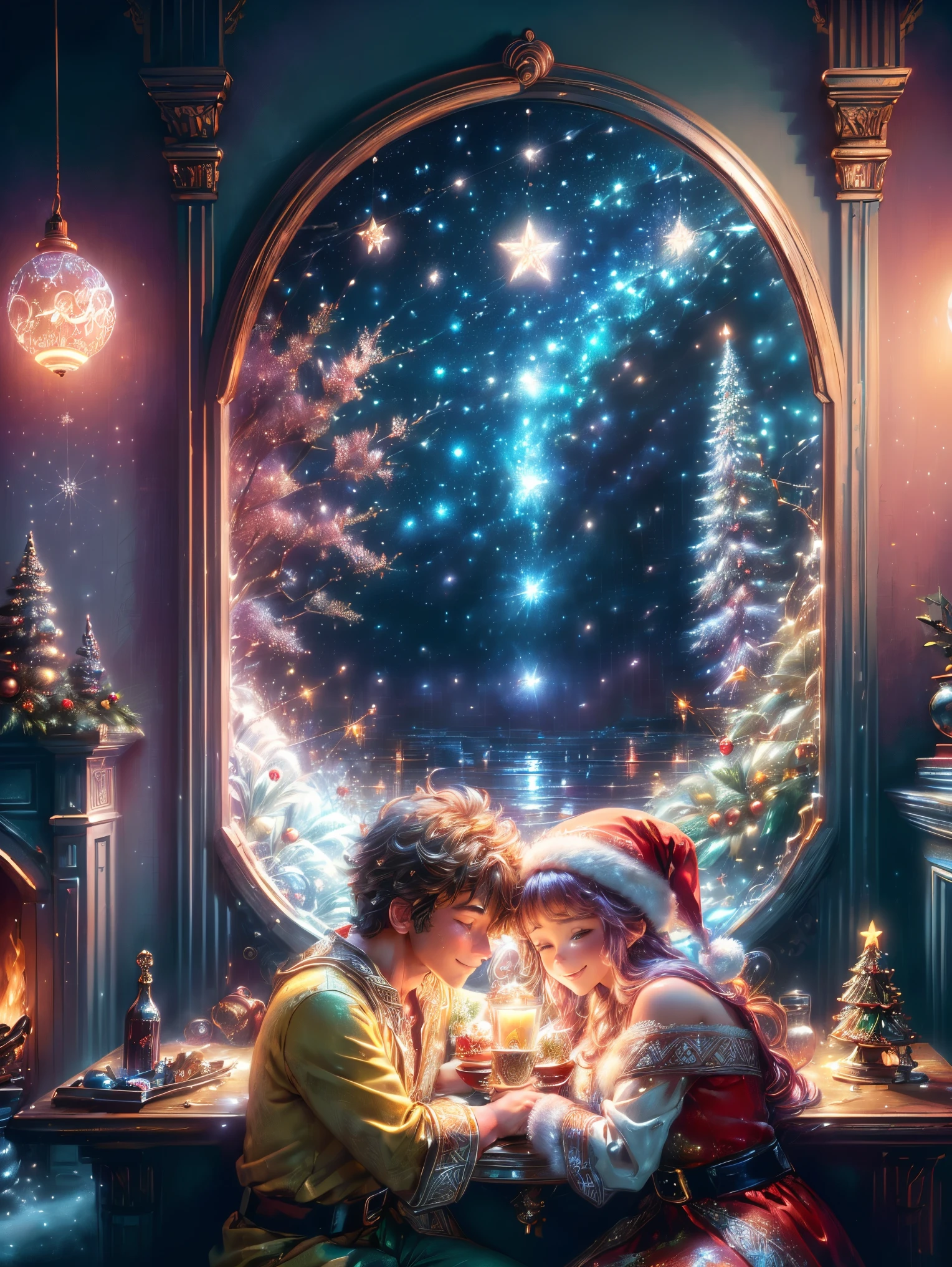 (Best quality, 8K, A high resolution, tmasterpiece:1.2), ultra - detailed, (actual, realistically:1.37), Vibrant colors, Magical atmosphere, Whimsical, ((sky full of stars，The North Star shines))，(((Use an illustration style), The room is decorated with a strong Christmas atmosphere. A string of shining colored lights hangs on the wall, Christmas wreath and little snowman on the windowsill, In the corner of the room stands a beautifully decorated Christmas tree. On a table, There are beautiful cutlery and red plates. In the center of the table, Have a sumptuous Christmas feast, Next to it is a bottle of red wine and two exquisite wine glasses. (((A male and female couple wearing Christmas costumes cuddling together))), Smiling and looking at each other，Eyes full of happiness and warmth. There are several scented candles lit in the room, It exudes a faint fragrance. Warm fire burning in the fireplace, Brings warmth and comfort to the entire room, Surreal, Psychedelic, Complicated details, Beautiful texture, Ethereal, like a dream, Soft glowing light, Charming Patterns, Fantasy creatures, Hidden surprises, dreamlike landscapes, Surreal color palette, Mystic aura, hyper realisitc, Enchanting journey, psychedelic trip, vivid imagination, immersive experience, Mysterious Christmas, otherworldly charm, glowing paths, Light up a magical Christmas, surreal sky, Whimsical themed festivals, a magical encounter, Fascinating artwork，(Ghibli-style colors, first person perspective, hyper HD, tmasterpiece, acurate, Anatomically correct, ctextured skin, super detailing, high detal, high qulity, Award-Awarded, Best quality at best, 8K)