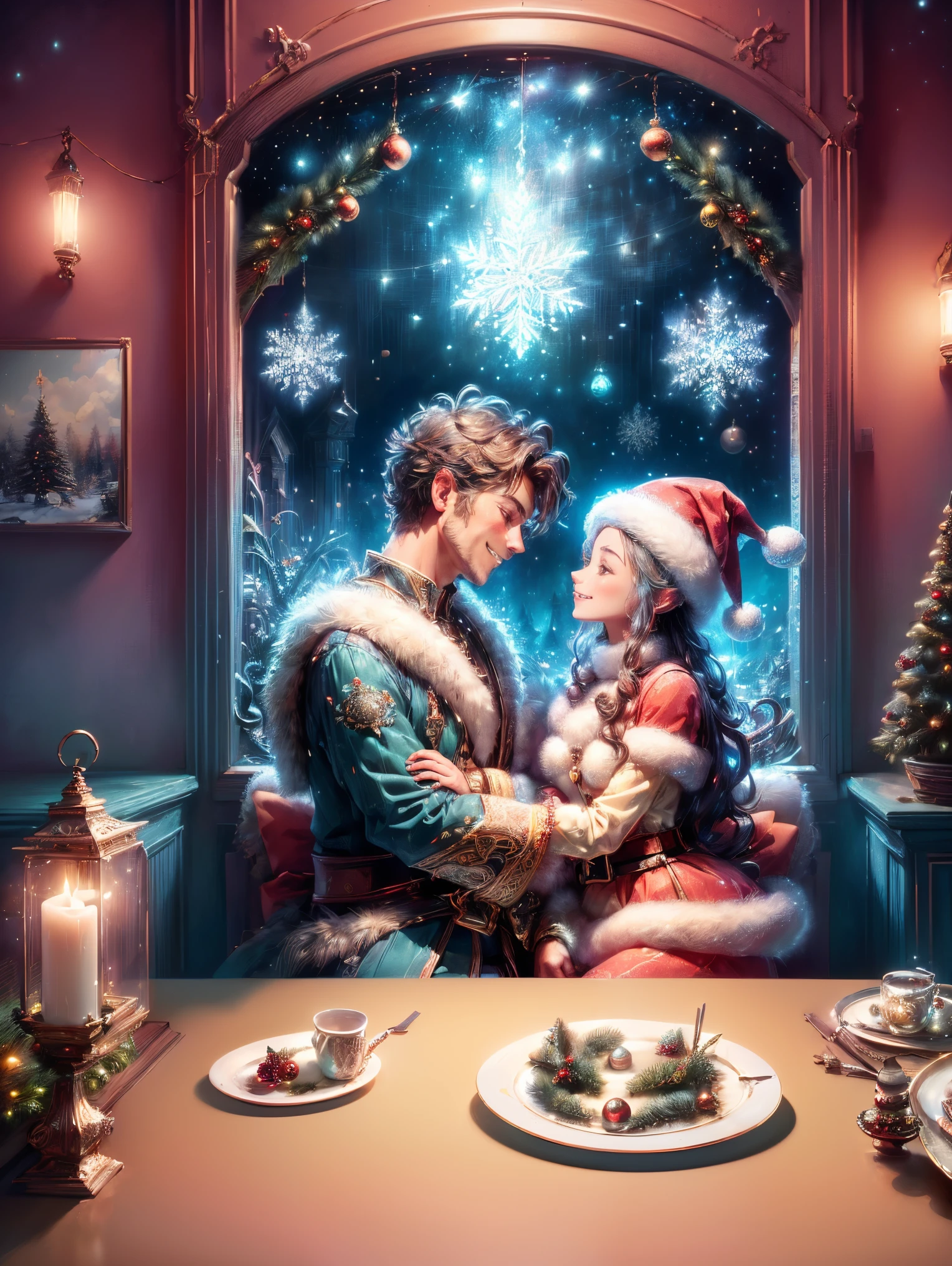 (Best quality, 8K, A high resolution, tmasterpiece:1.2), ultra - detailed, (actual, realistically:1.37), Vibrant colors, Magical atmosphere, Whimsical, ((sky full of stars，The North Star shines))，(((Use an illustration style), The room is decorated with a strong Christmas atmosphere. A string of shining colored lights hangs on the wall, Christmas wreath and little snowman on the windowsill, In the corner of the room stands a beautifully decorated Christmas tree. On a table, There are beautiful cutlery and red plates. In the center of the table, Have a sumptuous Christmas feast, Next to it is a bottle of red wine and two exquisite wine glasses. (((A male and female couple wearing Christmas costumes cuddling together))), Smiling and looking at each other，Eyes full of happiness and warmth. There are several scented candles lit in the room, It exudes a faint fragrance. Warm fire burning in the fireplace, Brings warmth and comfort to the entire room, Surreal, Psychedelic, Complicated details, Beautiful texture, Ethereal, like a dream, Soft glowing light, Charming Patterns, Fantasy creatures, Hidden surprises, dreamlike landscapes, Surreal color palette, Mystic aura, hyper realisitc, Enchanting journey, psychedelic trip, vivid imagination, immersive experience, Mysterious Christmas, otherworldly charm, glowing paths, Light up a magical Christmas, surreal sky, Whimsical themed festivals, a magical encounter, Fascinating artwork，(Ghibli-style colors, first person perspective, hyper HD, tmasterpiece, acurate, Anatomically correct, ctextured skin, super detailing, high detal, high qulity, Award-Awarded, Best quality at best, 8K)