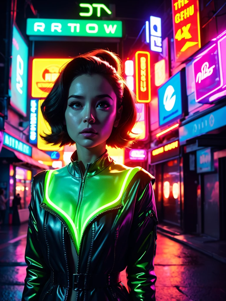 X-files, neon glow streets, mysterious alien abduction, a pretty woman in a neon firegami dress in the streets, hdr pro digital studio portrait, young, front, highly detailed, clear, high quality, hyper-detailed, 4k, ultra smooth, cinematic lighting