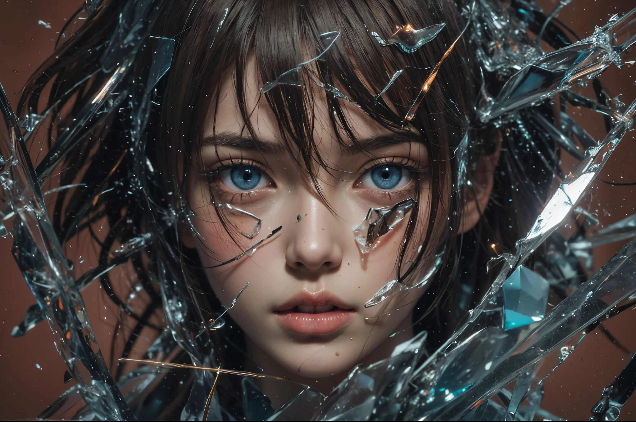 Beautiful girl with brown hair and blue eyes, The glass shattered in front., Bloody face., closeup portrait shot, captured on canon eos r 6, (Realistic face details), intricate detailed, Portrait of a beautiful girl, very high details, Realistic photos, 8k, UHD, hyperdetailed, (Dynamic Poses:1.4),