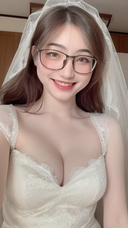 ((realistic, pale white skin:1.3,high resolution:1.3)), 1 girl with perfect figure, thin round glasses, smile, super fine face and eyes, long hair, white lace veil: 1.2 , in bedroom, sit on the bed, gigantic breasts, exposed cleavage