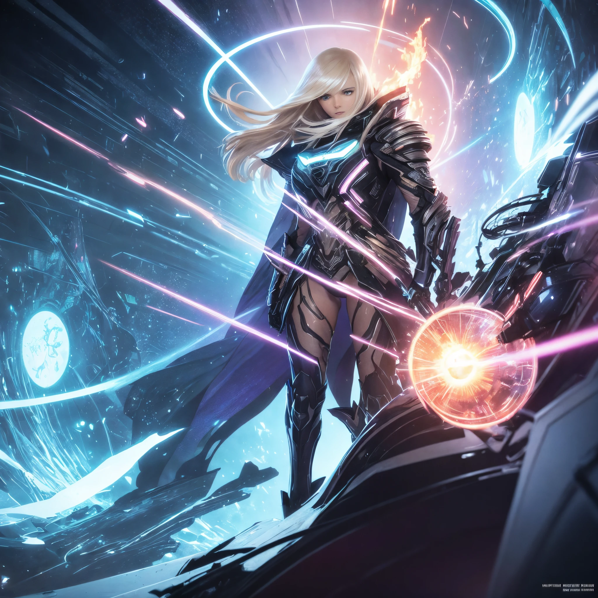 A man and a woman against the background of the city of the future, a dark-haired male wizard stands facing us behind a woman with a fireball, looms over his arm, beautiful real blonde holds and points a future pistol at the viewer, disheveled shoulder-length hair, white PVC jumpsuit, Happy, full - body, Beautiful anime waifu style girl, hyper detailed painting, luminism, Concept art by Carne Griffiths and Vadim Kashin, 4k resolution, fractal isometrics details bioluminescence , 3D Rendering, Octane Render, intricately-detailed , Cinematic, Trending artsstatina Isometric centered hyperrealistic cover stunning full color, gritty, Realistic flight , Intricate, hit definition , Cinematic,