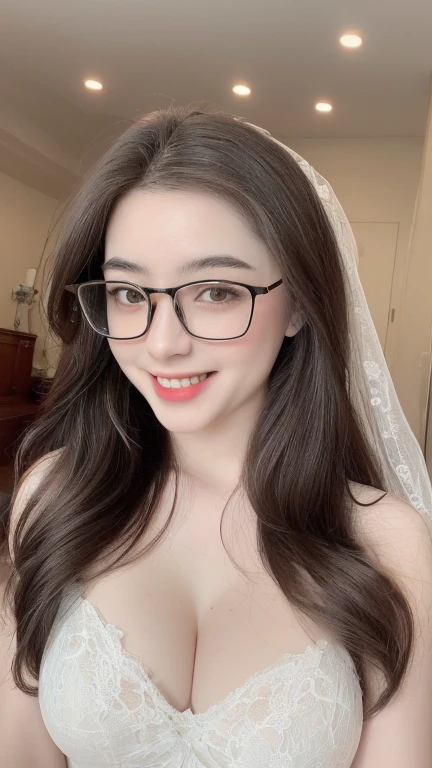 ((realistic, pale white skin:1.3,high resolution:1.3)), 1 girl with perfect figure, thin round glasses, smile, super fine face and eyes, long hair, white lace veil: 1.2 , in bedroom, sit on the bed, gigantic breasts, exposed cleavage