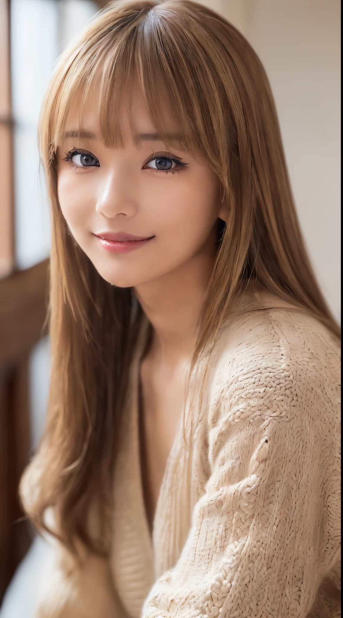 ((a blond、Medium hair、With bangs｠、((Selfie 1.6))｟smile1.6｠、Raw photography、((Tanned skin 1.6))、the front、close - up face、｟Looking at the camera｠、(((Portrait of extreme beauty)))、女の子1人、Beautiful 18 year old woman in Japan、bright expression、Glossy glossy skin、eye liner、Beautiful bangs、Hair between the eyes、((​masterpiece、top-quality、ultra-detailliert、intricate-detail、hight resolution、ighly detailed))、细致背景、8KUHD、Digital SLR、In the apartment、knitted sweater