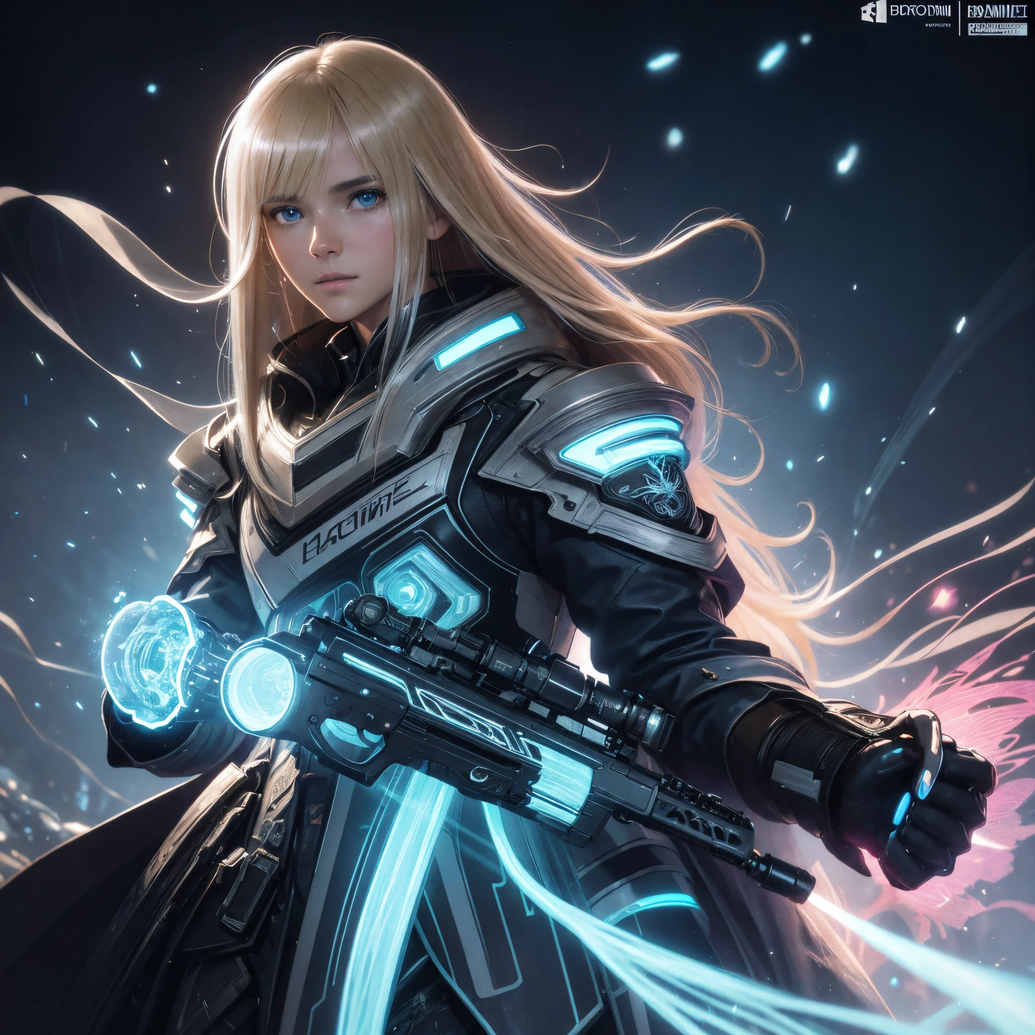A man and a woman against the background of the city of the future, a dark-haired male wizard stands facing us behind a woman with a fireball, looms over his arm, beautiful real blonde holds and points a future pistol at the viewer, disheveled shoulder-length hair, white PVC jumpsuit, Happy, full - body, Beautiful anime waifu style girl, hyper detailed painting, luminism, Concept art by Carne Griffiths and Vadim Kashin, 4k resolution, fractal isometrics details bioluminescence , 3D Rendering, Octane Render, intricately-detailed , Cinematic, Trending artsstatina Isometric centered hyperrealistic cover stunning full color, gritty, Realistic flight , Intricate, hit definition , Cinematic,