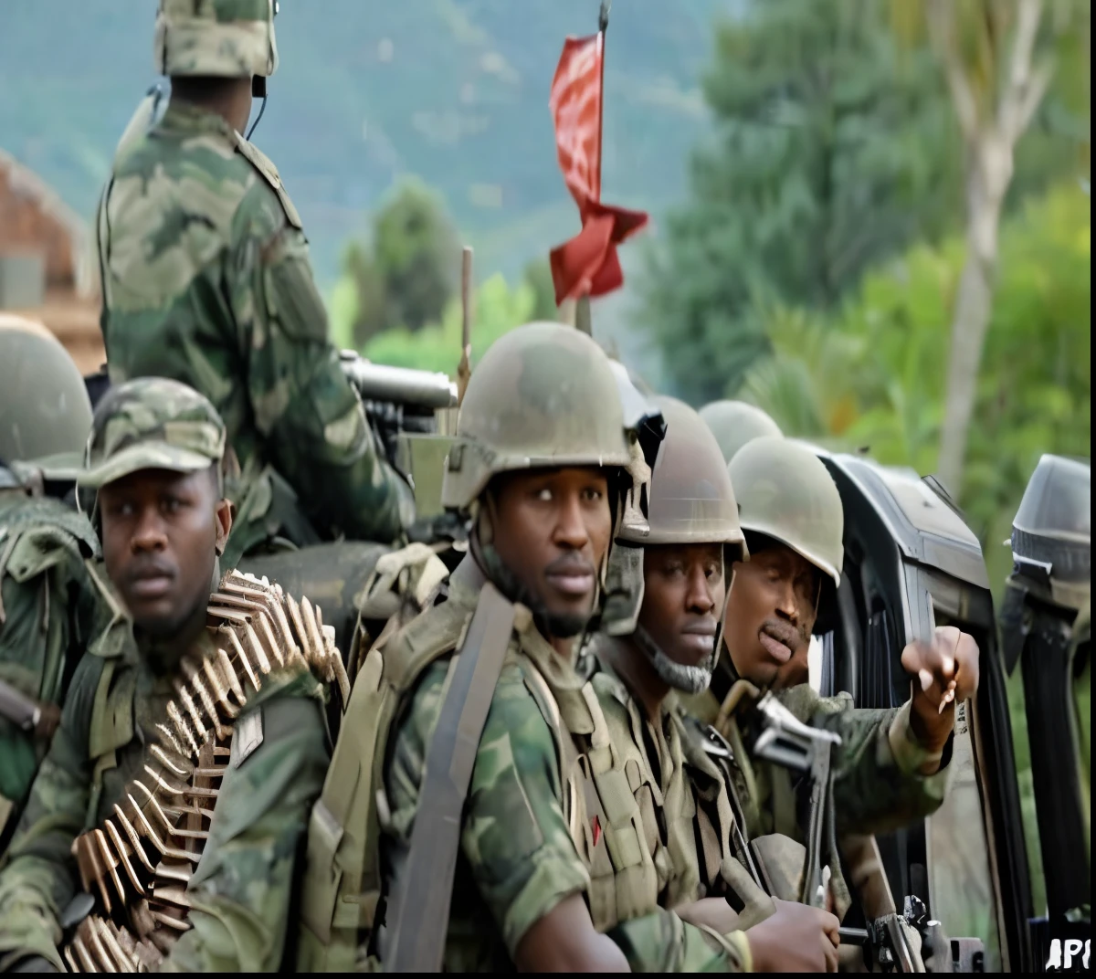Hyper realistic 8k, ultra detailed, (Best Quality digital illustration Masterpiece of soldiers in a jeep with guns and helmets on, soldiers charging in, several soldiers, soldiers, impeccable military composure, troops searching the area, soldiers charging the enemy, ethiopian civil war, still capture, ( ( illustration, militaristic!!!, version 3, army, looking straight forward, soldiers running, edited, intense shading, illustration, camouflaged gear, slide show