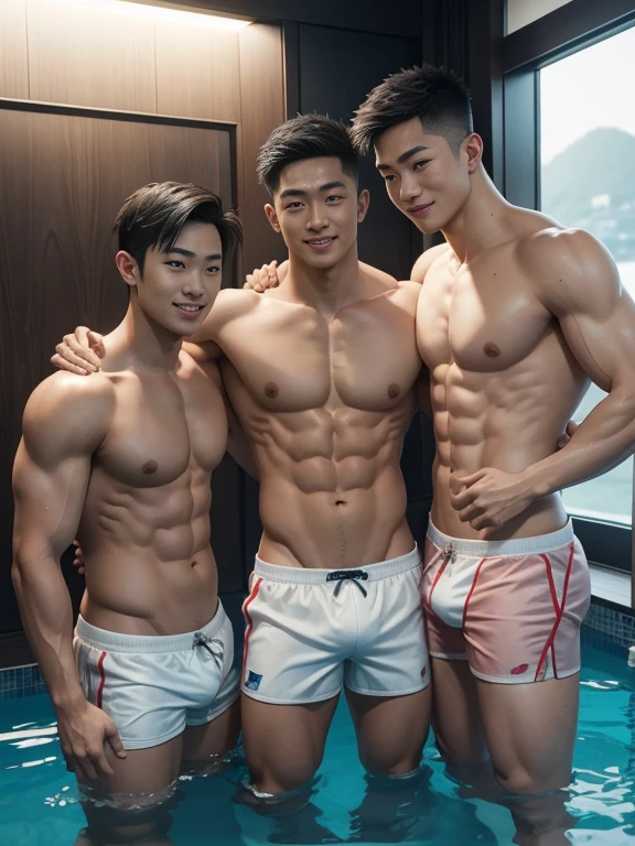 masseter membrane、well built、Asian people、male people、25 age old、cool guy、chest muscle、Brush cut、gay twinks、 scantily clad、cool guy、Muscular、largeeyes、The skin is smooth and delicate、Introduction to Hyde&#39;s entry and exit.、NS rich sizes、Authentic texture、Full body photo、Ultrathin、Ultra-thin transparent swimming trunks、large bulge、Big bag、Obvious big bag、Rugby player、soles of feet、pioneer、everlasting, sitted, lie、The three of them laughed happily together、Portrait photos、profesional lighting、8K分辨率、beautifuldetails、ultra - detailed、Have fun on the cruise