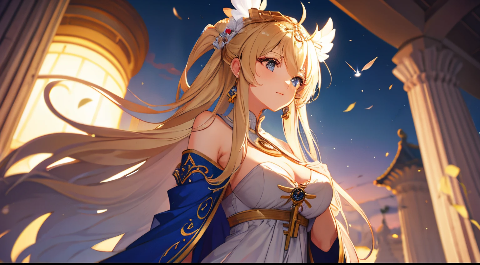 Masterpiece, Best Quality, 8k, UHD, Gigantic Key, White Headphone, Blonde, Korean, Tall, Slender, Priestess outfit, goddess of the moon, high heels, moon temple throne, cleavage