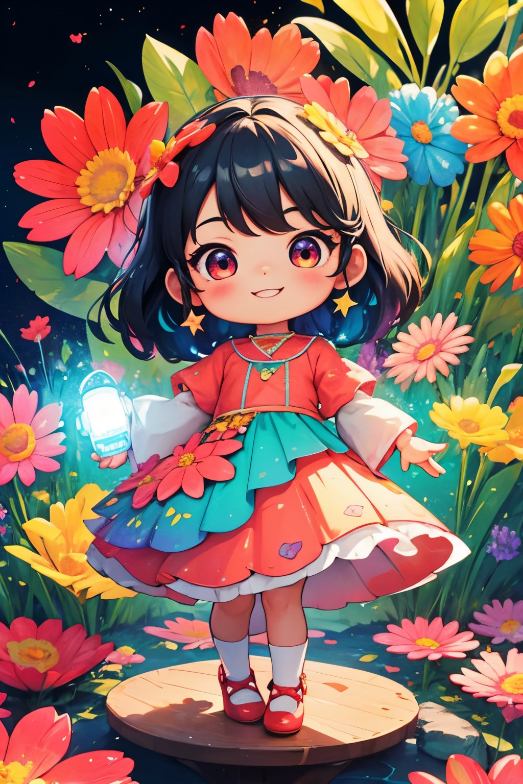 Extremely detailed,(Fractal Art:1.1),(Colorful:1.1)(Flowers:1.3)、 (Dynamic Pose), (Abstract background:1.3)、(Many colors:1.4)、Place one small doll on a circular stand、kawaii pose、A smile、A dark-haired、Chibi Doll、Stars in the eyes(kirakira)、Singing with microphone in hand、Eye Up、Laugh、Cute red shoes、Ultra Detail, radiant light、bio luminescent、Stronger bokeh effect、Taken from the side