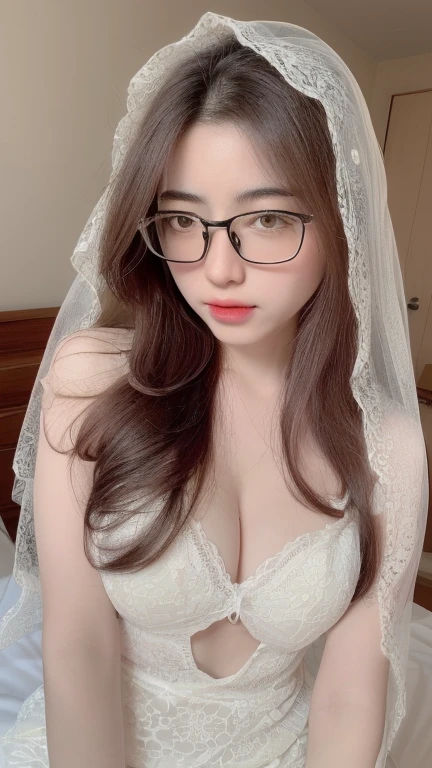 ((realistic, pale white skin:1.3,high resolution:1.3)), 1 girl with perfect figure, thin round glasses, super fine face and eyes, long hair, white lace veil: 1.2 , in bedroom, sit on the bed, gigantic breasts, exposed cleavage