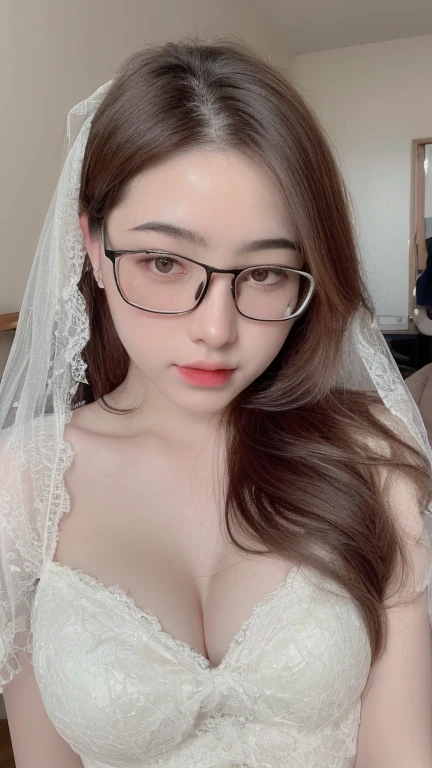 ((realistic, pale white skin:1.3,high resolution:1.3)), 1 girl with perfect figure, thin round glasses, super fine face and eyes, long hair, white lace veil: 1.2 , in bedroom, sit on the bed, gigantic breasts, exposed cleavage