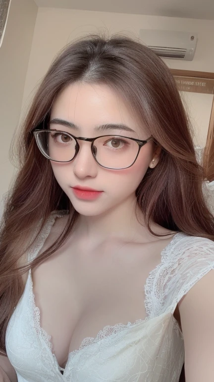 ((realistic, pale white skin:1.3,high resolution:1.3)), 1 girl with perfect figure, thin round glasses, super fine face and eyes, long hair, white lace veil: 1.2 , in bedroom, sit on the bed, gigantic breasts, exposed cleavage