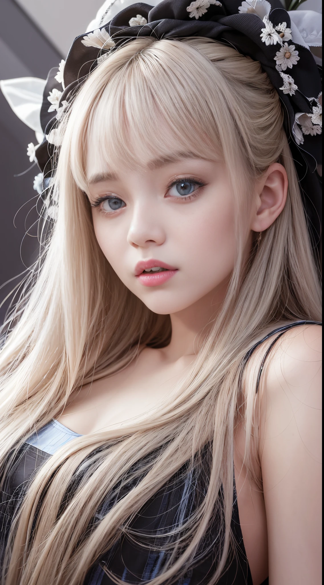 bright expression、photorealisim、top-quality、超A high resolution、a picture、Photo of an exquisitely beautiful Nordic-born girl、Extraordinary beautiful girl、Detailed cute and beautiful face、(pureerosface_v1:0.008)、Beautiful bangs、alice in the wonderland、sixteen years old、Glowing white shiny skin、facial hairs、Bangs that extend to the face、Bangs between the eyes、Super long hair、Attractive bright natural platinum blonde super long straight silky hair、finer hair、High-definition eyes、Beautiful, Bright and clear, Big light blue eyes shine charmingly、White Apron、a blue dress、eye liner、Double eyelids、Lush bust、going to bed、laying on back、sprawl、lie on one's side、lying back on