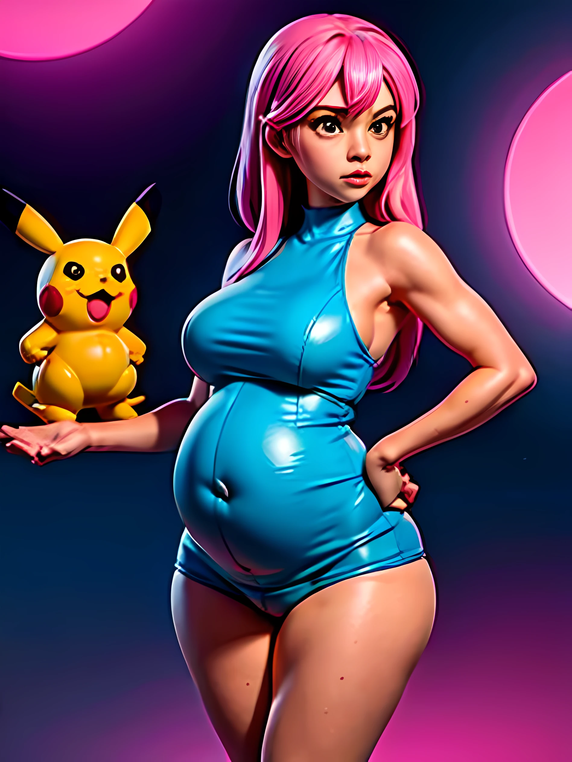 Me with long pink pink hair lingerie pregnant and with Pikachu and a friend next to me Vanessa