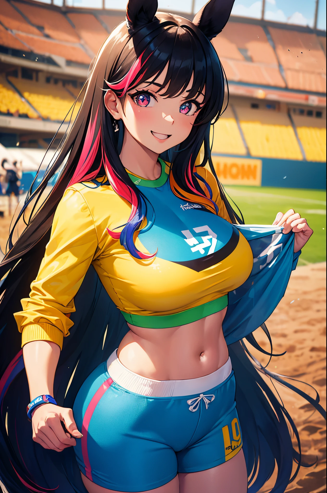 (obra-prima, melhor qualidade: 1.2),solo, girl with horse ears, sorriso, de costas para o espectador,big butt, roupas esportivas, campo de futebol, diamond, multicolored hair, multicolored eyes,(muscle girl)