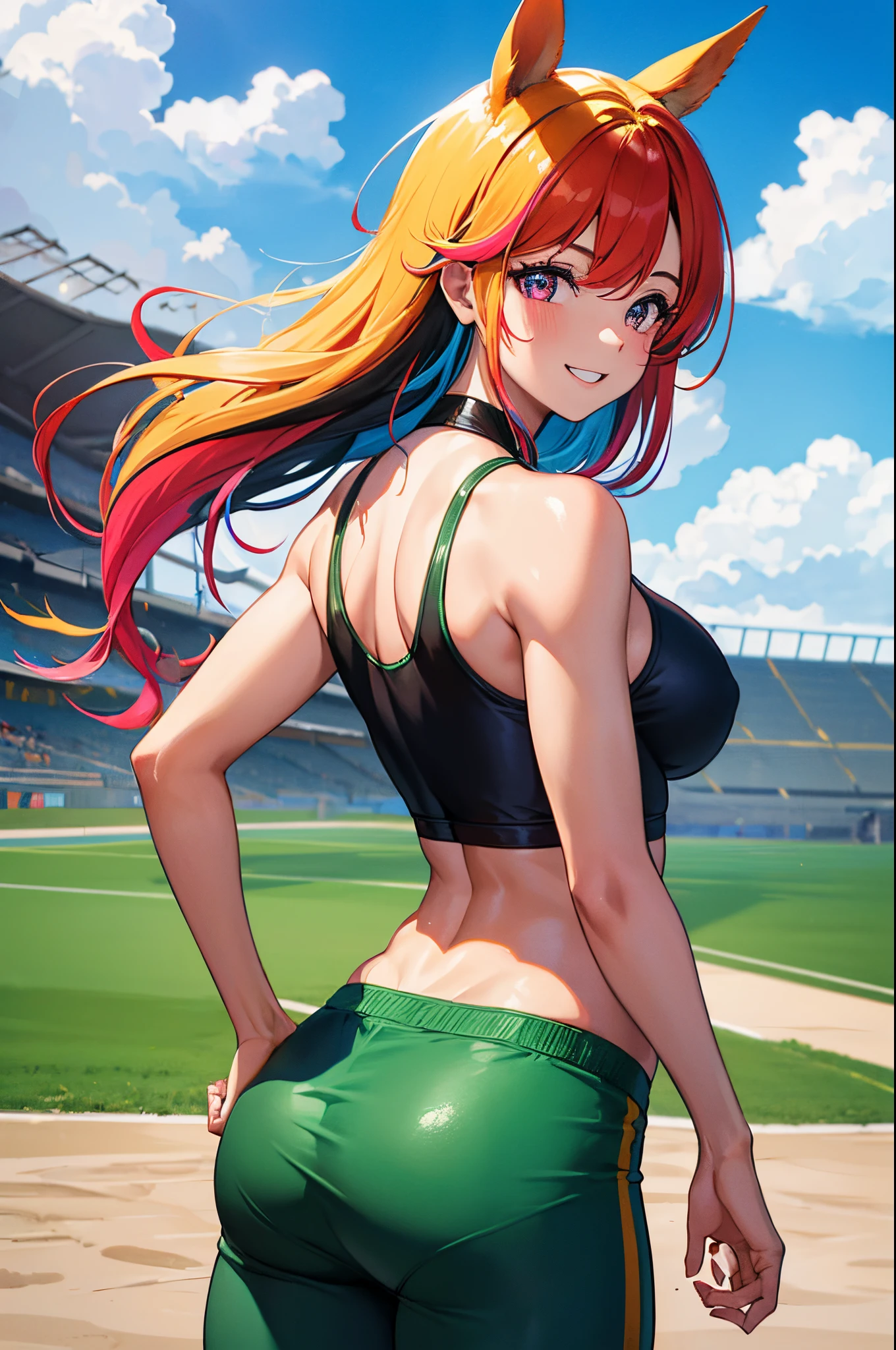 (obra-prima, melhor qualidade: 1.2),solo, girl with horse ears, sorriso, de costas para o espectador,big butt, roupas esportivas, campo de futebol, diamond, multicolored hair, multicolored eyes,(muscle girl)