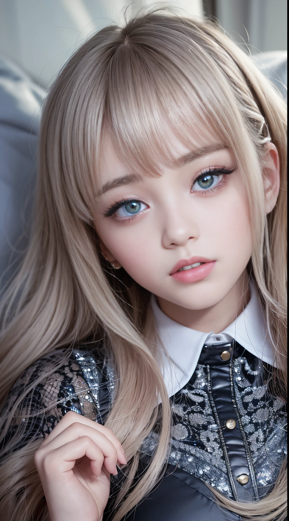 bright expression、photorealisim、top-quality、超A high resolution、a picture、Photo of an exquisitely beautiful Nordic-born girl、Extraordinary beautiful girl、Detailed cute and beautiful face、(pureerosface_v1:0.008)、Beautiful bangs、alice in the wonderland、、Glowing white shiny skin、facial hairs、Bangs that extend to the face、Bangs between the eyes、Super long hair、Attractive bright natural platinum blonde super long straight silky hair、finer hair、High-definition eyes、Beautiful, Bright and clear, Big light blue eyes shine charmingly、White Apron、a blue dress、eye liner、Double eyelids、Lush bust、going to bed、laying on back、sprawl、lie on one's side、lying back on