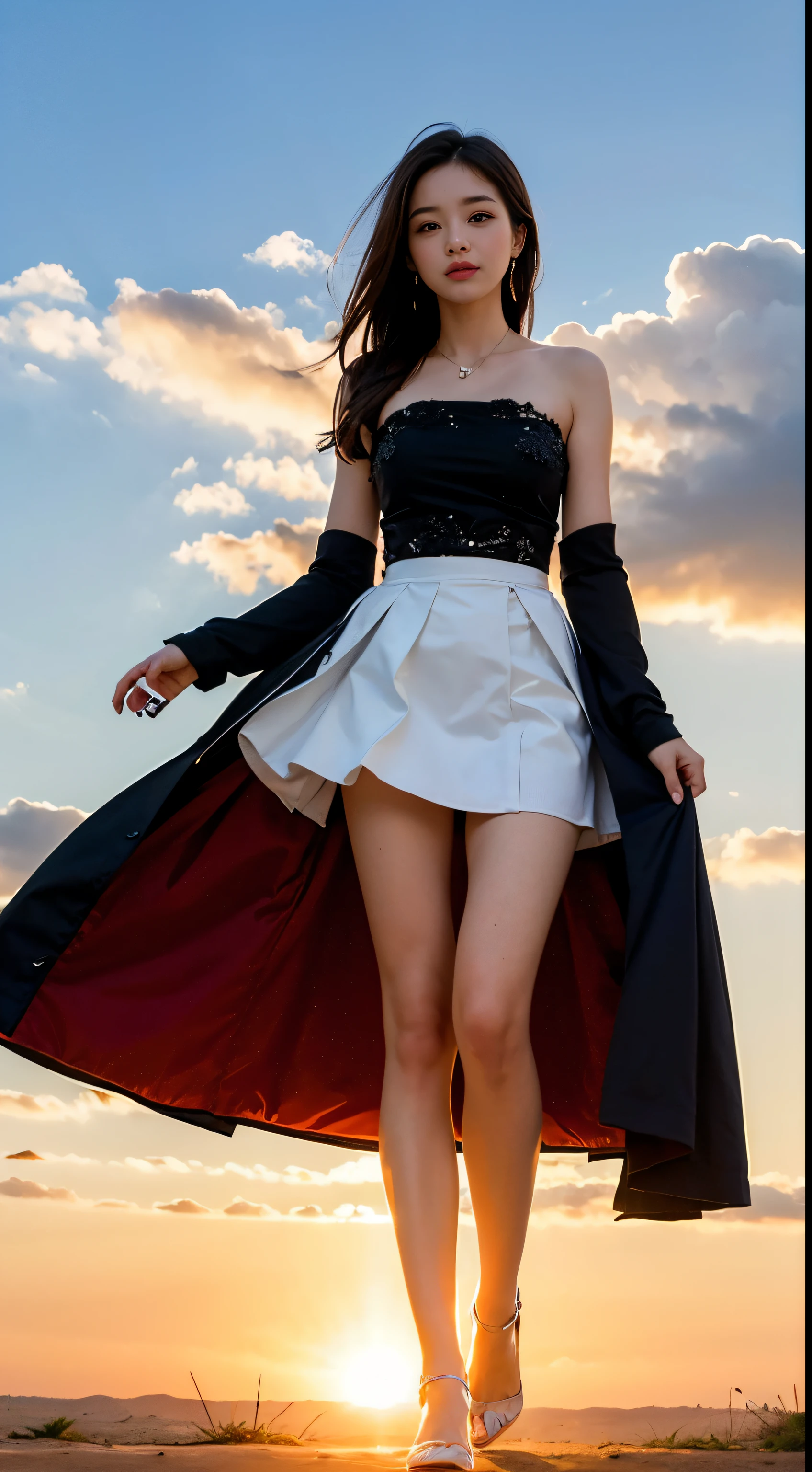 High-quality images,masutepiece, Best Quality, Movie Still, 1girl in,angel images,fullbody image,Details of face, Sky Girl, Floating in the sky, Bright, angelicales, Warm and soft lighting, Sunset, (sparks:0.7)