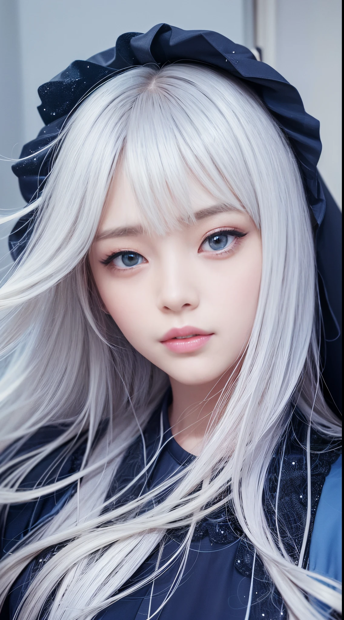 bright expression、photorealisim、top-quality、超A high resolution、a picture、Photo of an exquisitely beautiful Nordic-born girl、Extraordinary beautiful girl、Detailed cute and beautiful face、(pureerosface_v1:0.008)、Beautiful bangs、alice in the wonderland、、Glowing white shiny skin、facial hairs、Bangs that extend to the face、Bangs between the eyes、Super long hair、Attractive bright natural platinum blonde super long straight silky hair、finer hair、High-definition eyes、Beautiful, Bright and clear, Big light blue eyes shine charmingly、White Apron、a blue dress、eye liner、Double eyelids、Lush bust、going to bed、laying on back、sprawl、lie on one's side、lying back on