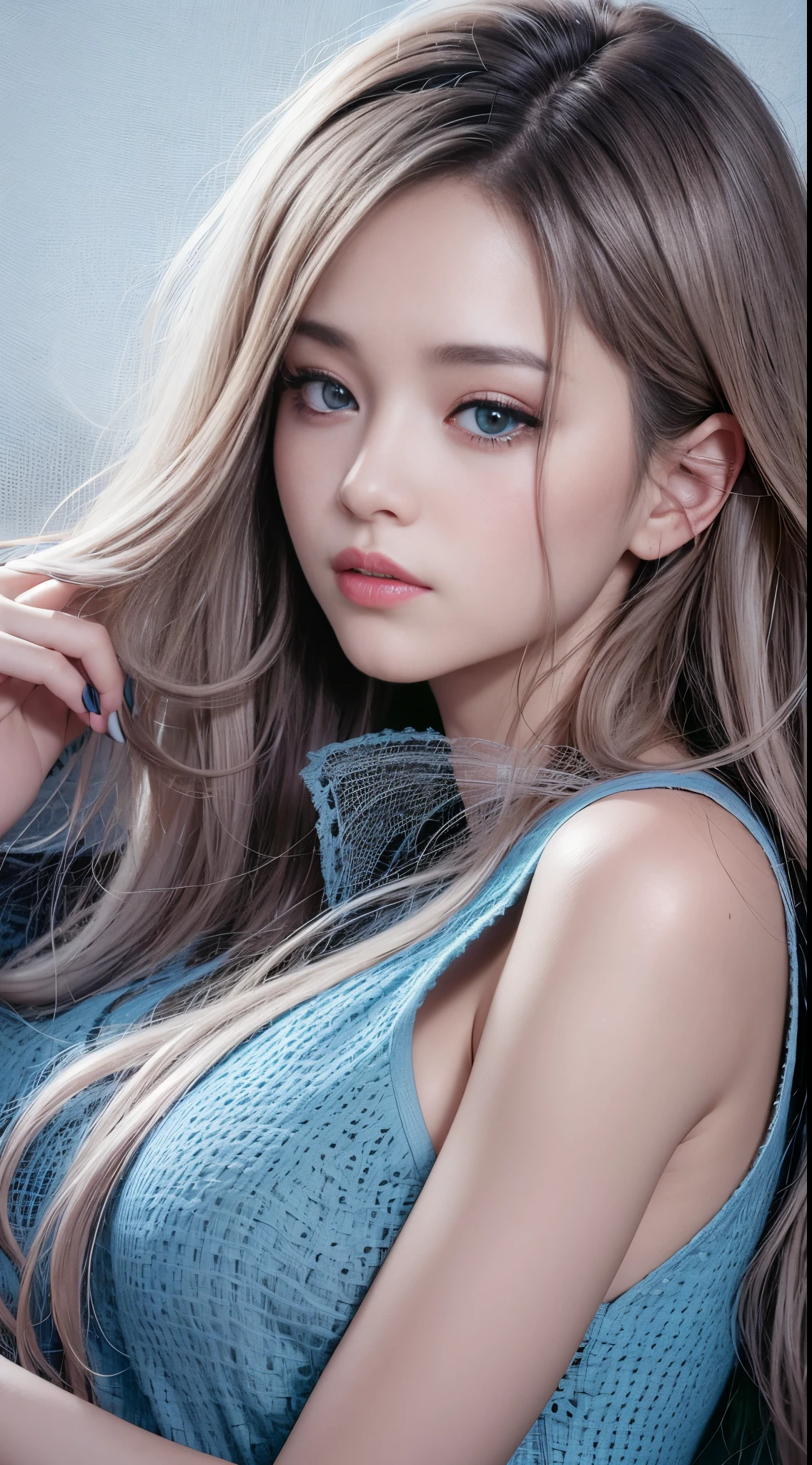 bright expression、photorealisim、top-quality、超A high resolution、a picture、Photo of an exquisitely beautiful Nordic-born girl、Extraordinary beautiful girl、Detailed cute and beautiful face、(pureerosface_v1:0.008)、Beautiful bangs、alice in the wonderland、sixteen years old、Glowing white shiny skin、facial hairs、Bangs that extend to the face、Bangs between the eyes、Super long hair、Attractive bright natural platinum blonde super long straight silky hair、finer hair、High-definition eyes、Beautiful, Bright and clear, Big light blue eyes shine charmingly、White Apron、a blue dress、eye liner、Double eyelids、Lush bust、going to bed、laying on back、sprawl、lie on one's side、lying back on