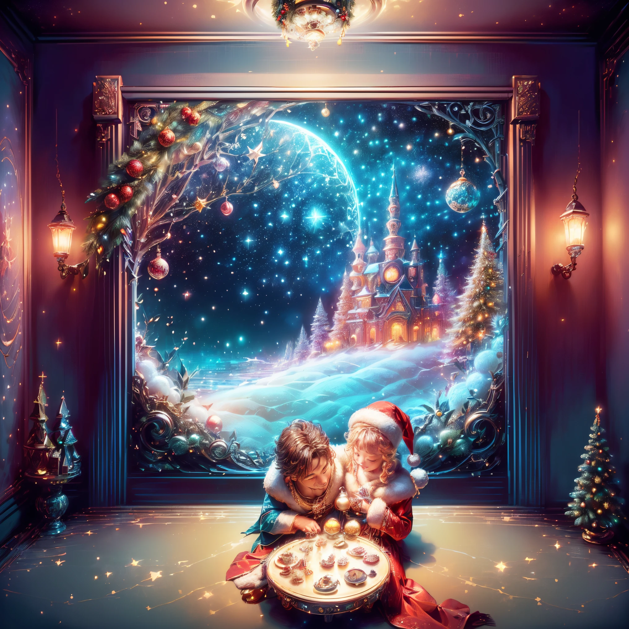 (Best quality, 8K, A high resolution, tmasterpiece:1.2), ultra - detailed, (actual, realistically:1.37), Vibrant colors, Magical atmosphere, Whimsical, ((sky full of stars，The North Star shines))，(((Use an illustration style), The room is decorated with a strong Christmas atmosphere. A string of shining colored lights hangs on the wall, Christmas wreath and little snowman on the windowsill, In the corner of the room stands a beautifully decorated Christmas tree. On a table, There are beautiful cutlery and red plates. In the center of the table, Have a sumptuous Christmas feast, Next to it is a bottle of red wine and two exquisite wine glasses. (((A male and female couple wearing Christmas costumes cuddling together))), Smiling and looking at each other，Eyes full of happiness and warmth. There are several scented candles lit in the room, It exudes a faint fragrance. Warm fire burning in the fireplace, Brings warmth and comfort to the entire room, Surreal, Psychedelic, Complicated details, Beautiful texture, Ethereal, like a dream, Soft glowing light, Charming Patterns, Fantasy creatures, Hidden surprises, dreamlike landscapes, Surreal color palette, Mystic aura, hyper realisitc, Enchanting journey, psychedelic trip, vivid imagination, immersive experience, Mysterious Christmas, otherworldly charm, glowing paths, Light up a magical Christmas, surreal sky, Whimsical themed festivals, a magical encounter, Fascinating artwork，(Ghibli-style colors, first person perspective, hyper HD, tmasterpiece, acurate, Anatomically correct, ctextured skin, super detailing, high detal, high qulity, Award-Awarded, Best quality at best, 8K)