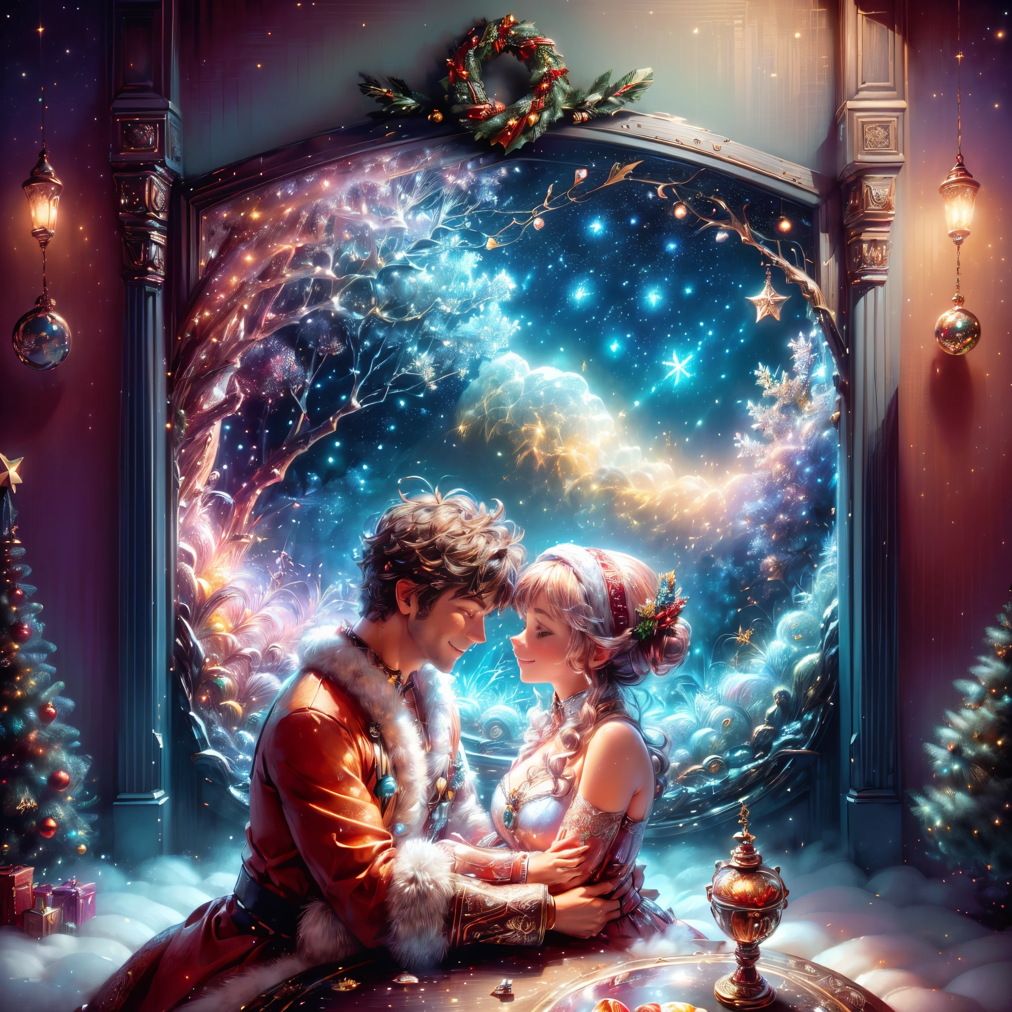 (Best quality, 8K, A high resolution, tmasterpiece:1.2), ultra - detailed, (actual, realistically:1.37), Vibrant colors, Magical atmosphere, Whimsical, ((sky full of stars，The North Star shines))，(((Use an illustration style), The room is decorated with a strong Christmas atmosphere. A string of shining colored lights hangs on the wall, Christmas wreath and little snowman on the windowsill, In the corner of the room stands a beautifully decorated Christmas tree. On a table, There are beautiful cutlery and red plates. In the center of the table, Have a sumptuous Christmas feast, Next to it is a bottle of red wine and two exquisite wine glasses. (((A male and female couple wearing Christmas costumes cuddling together))), Smiling and looking at each other，Eyes full of happiness and warmth. There are several scented candles lit in the room, It exudes a faint fragrance. Warm fire burning in the fireplace, Brings warmth and comfort to the entire room, Surreal, Psychedelic, Complicated details, Beautiful texture, Ethereal, like a dream, Soft glowing light, Charming Patterns, Fantasy creatures, Hidden surprises, dreamlike landscapes, Surreal color palette, Mystic aura, hyper realisitc, Enchanting journey, psychedelic trip, vivid imagination, immersive experience, Mysterious Christmas, otherworldly charm, glowing paths, Light up a magical Christmas, surreal sky, Whimsical themed festivals, a magical encounter, Fascinating artwork，(Ghibli-style colors, first person perspective, hyper HD, tmasterpiece, acurate, Anatomically correct, ctextured skin, super detailing, high detal, high qulity, Award-Awarded, Best quality at best, 8K)